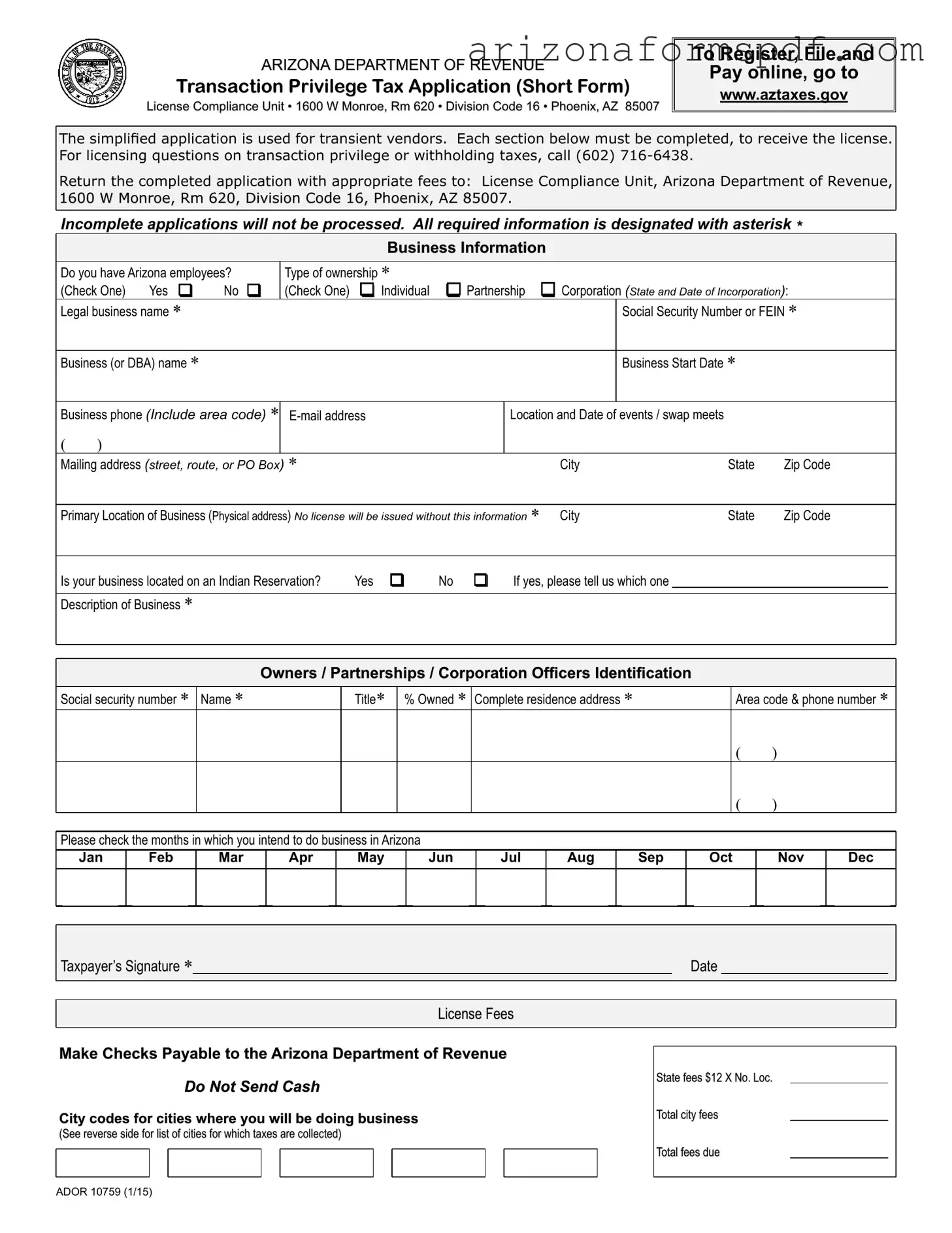 Fill in Your Ador 10759 Arizona Form
