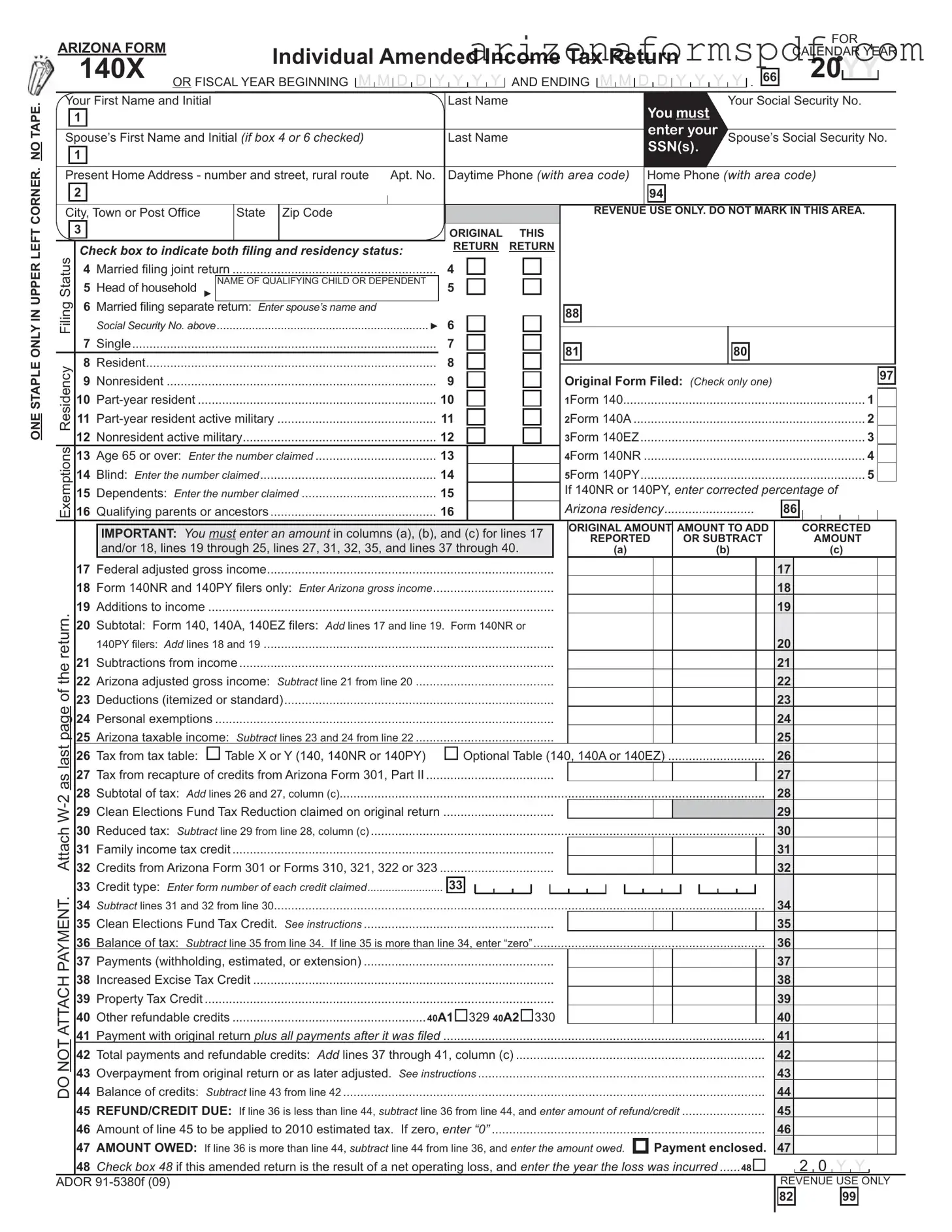 Fill in Your Arizona 140X Form