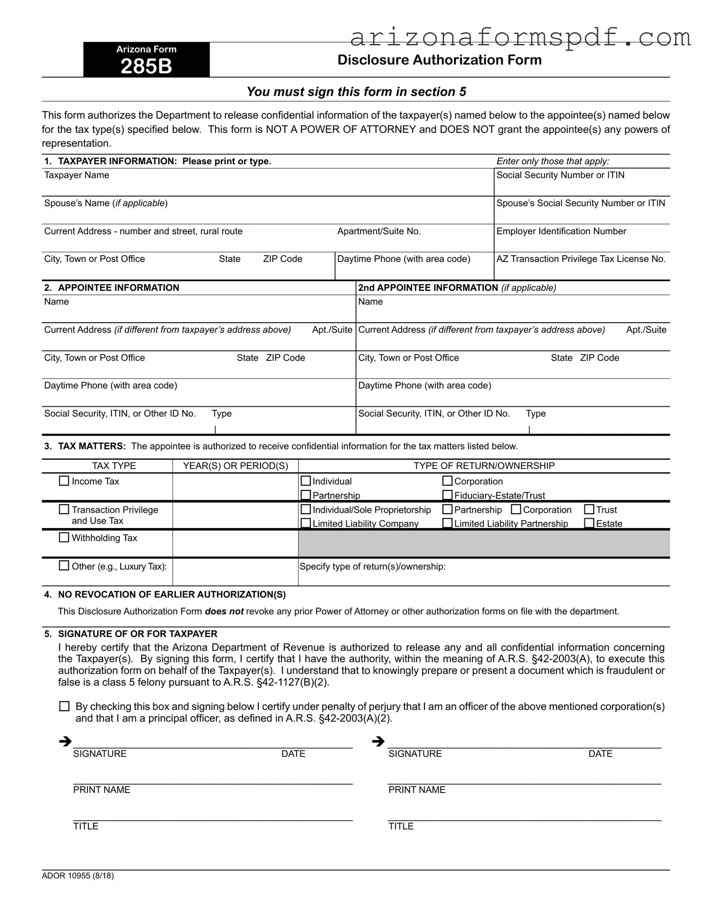 Fill in Your Arizona 285 Form