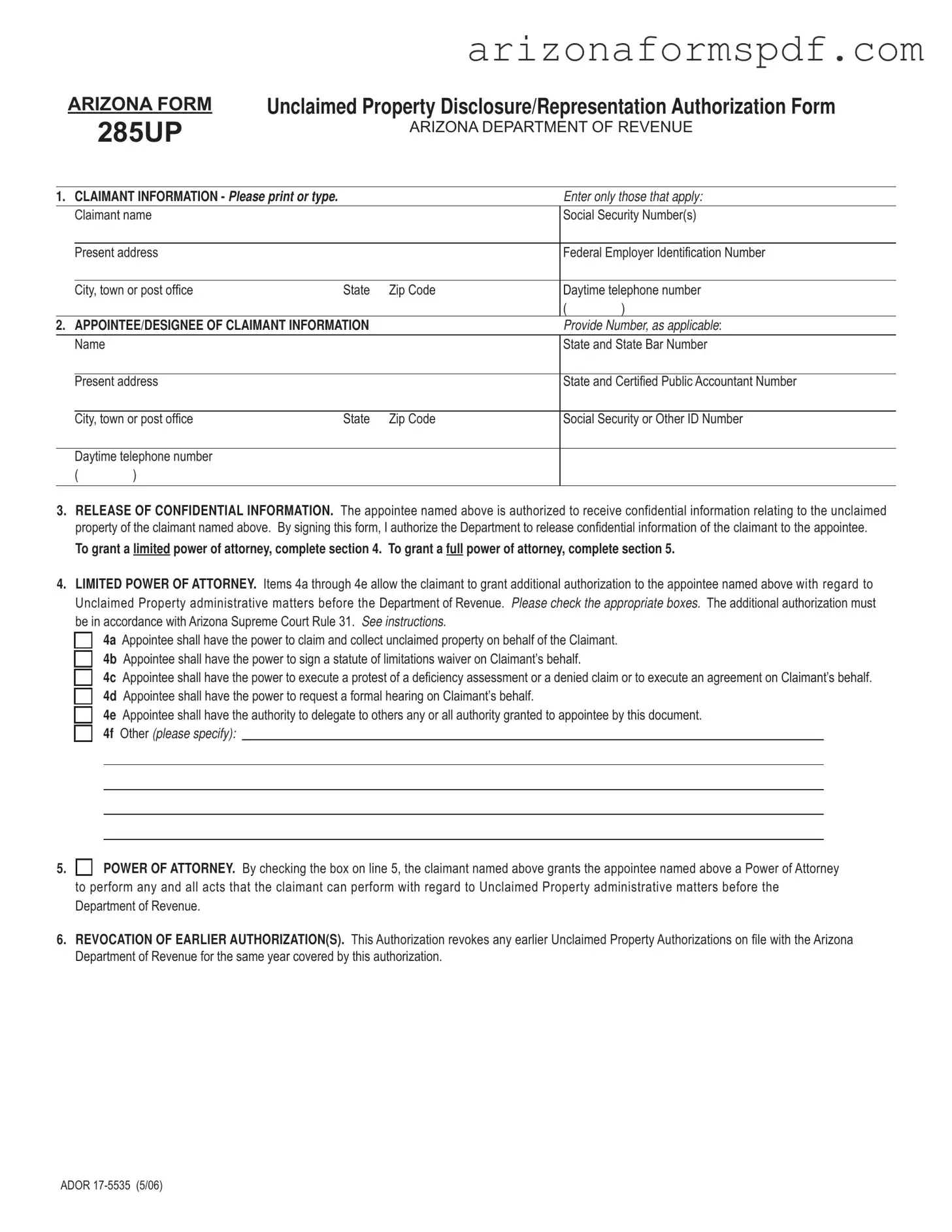 Fill in Your Arizona 285Up Form