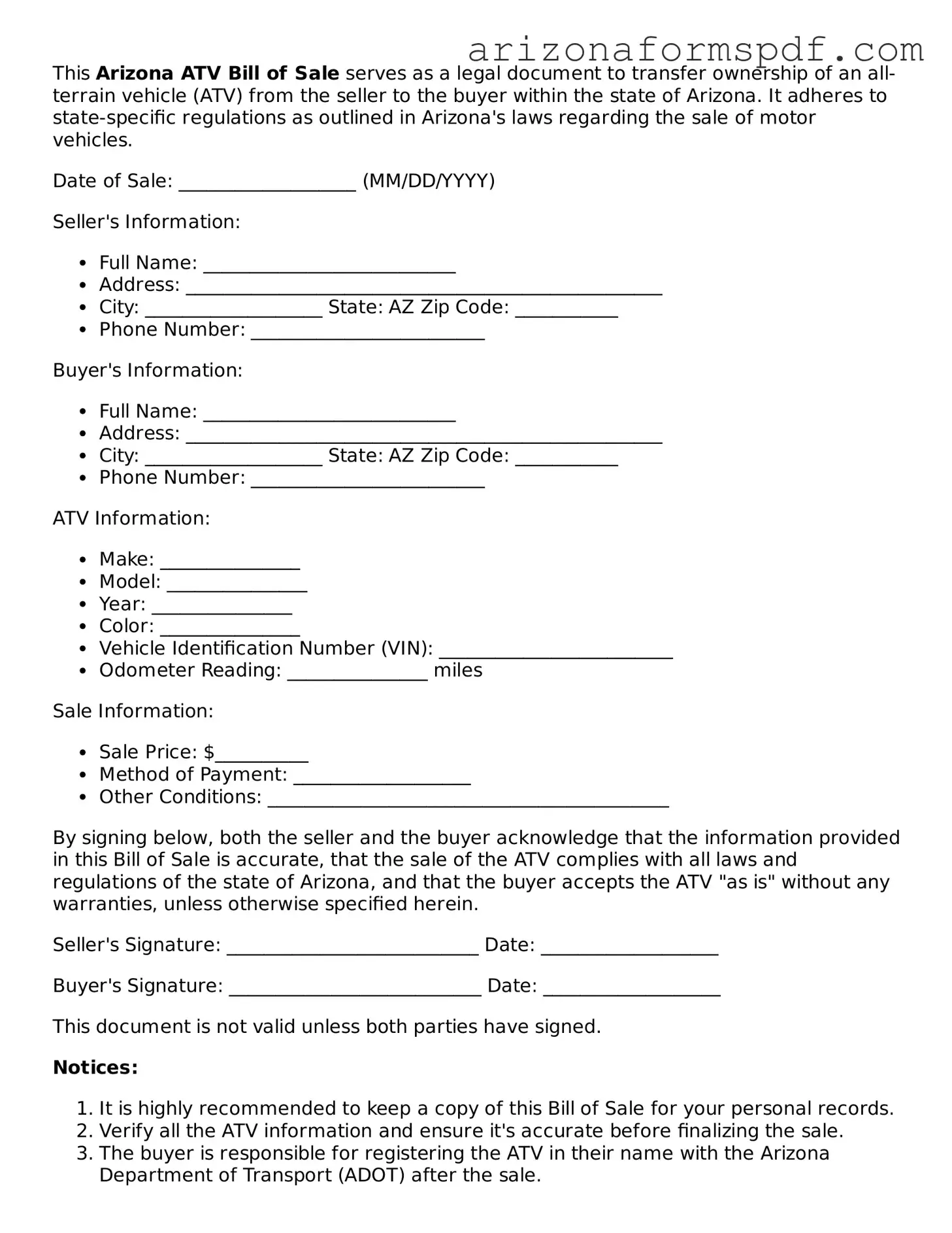 Blank Arizona ATV Bill of Sale Form