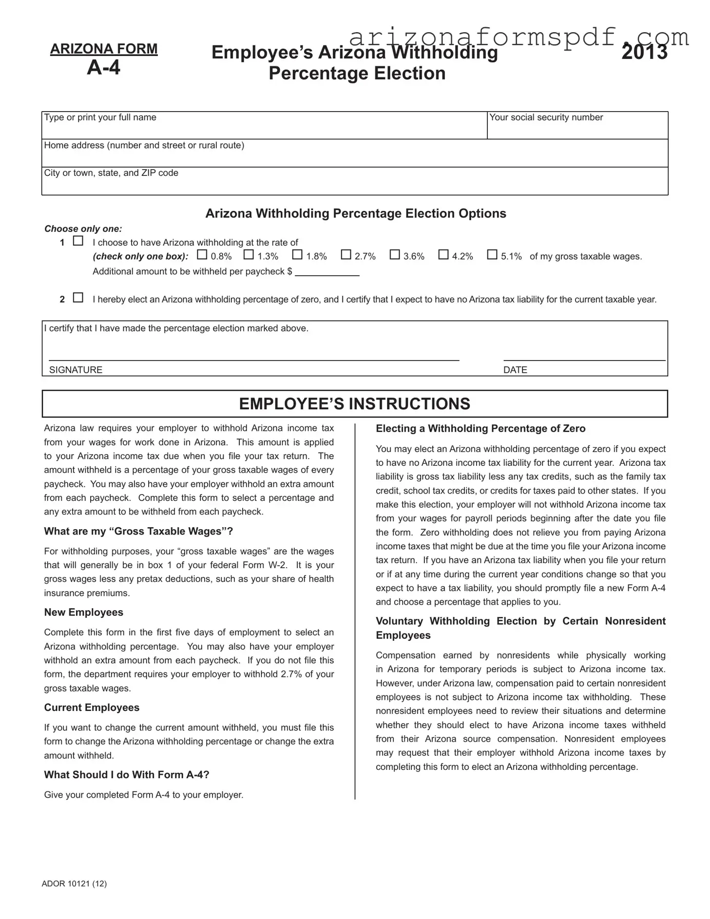 Fill in Your Arizona A 4 Form
