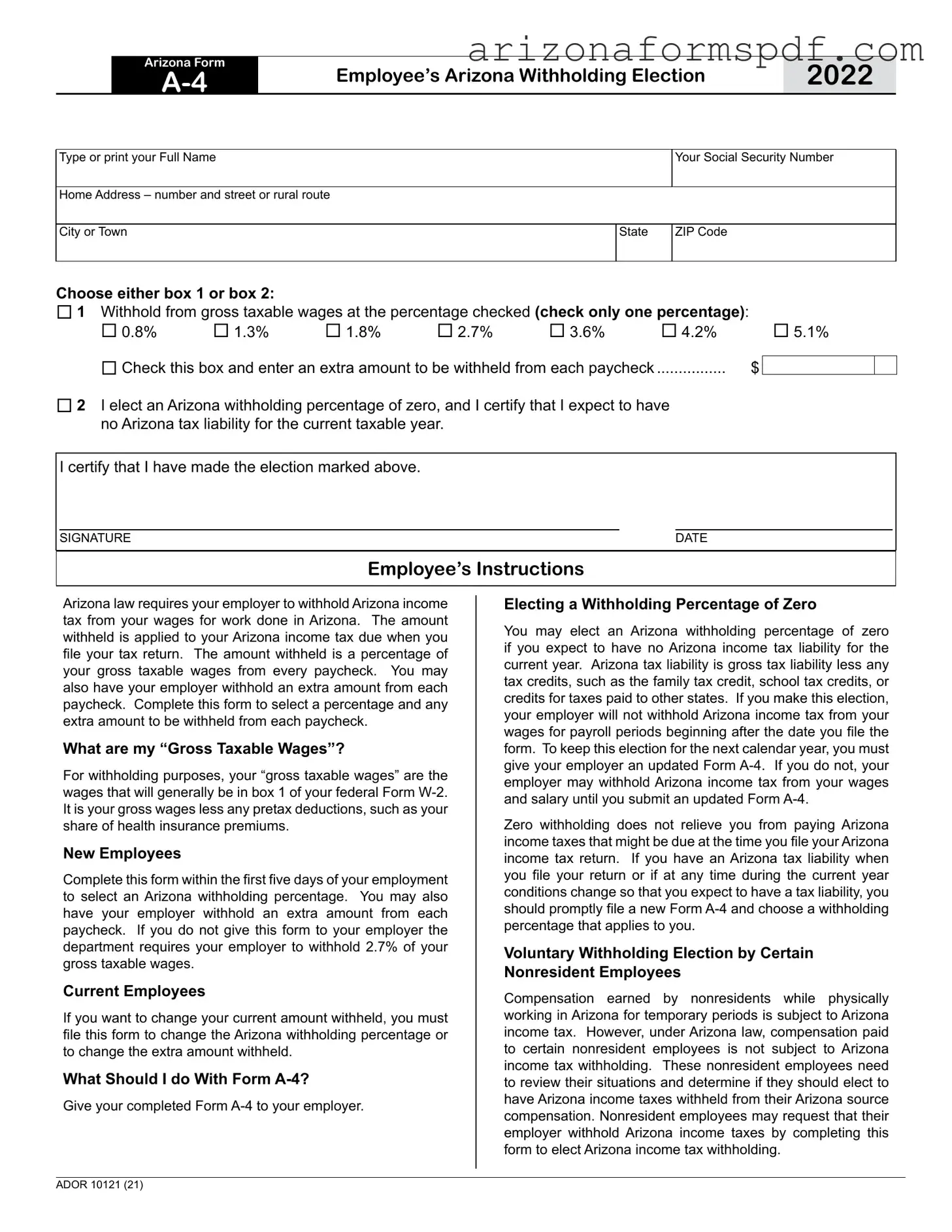 Fill in Your Arizona A4 Form