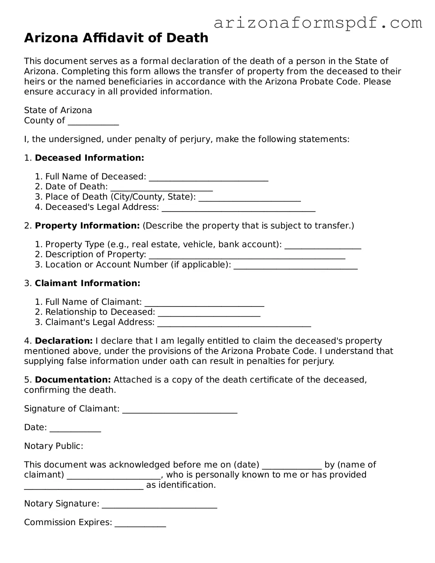 Blank Arizona Affidavit of Death Form
