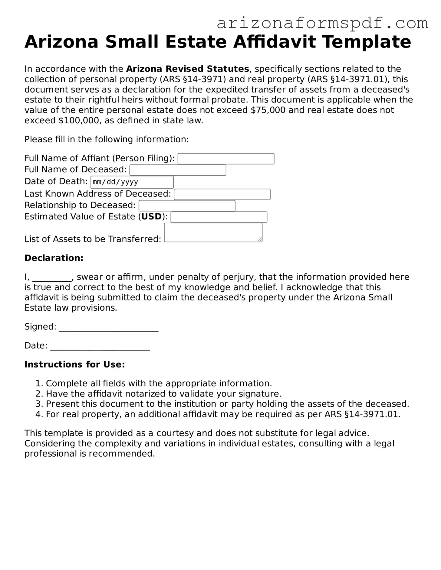 Blank Arizona Small Estate Affidavit Form