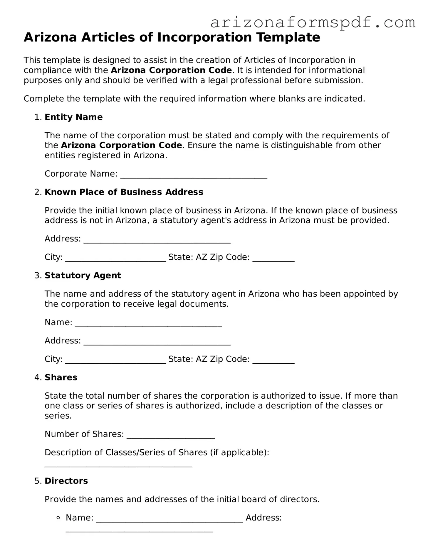 Blank Arizona Articles of Incorporation Form