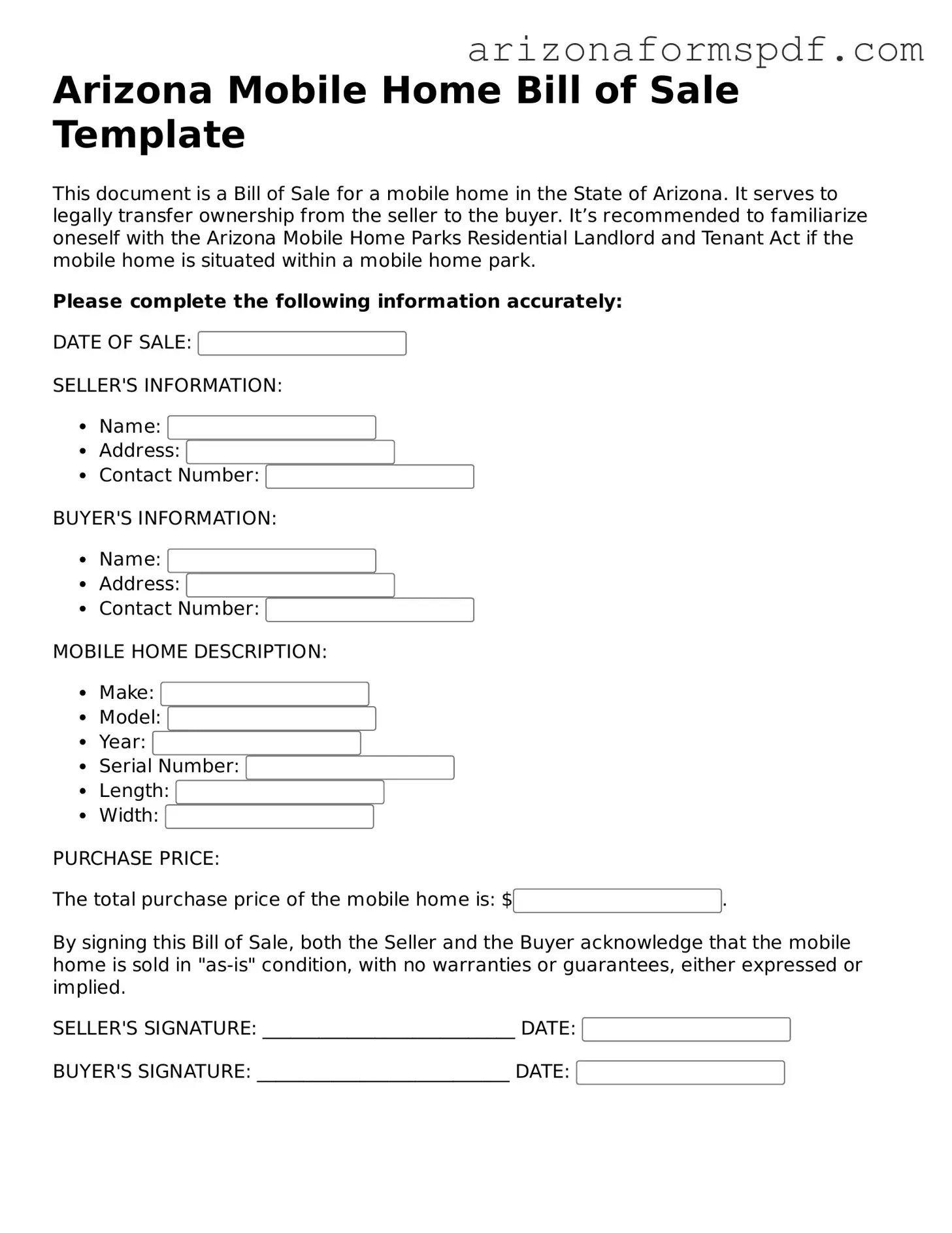 Blank Arizona Mobile Home Bill of Sale Form