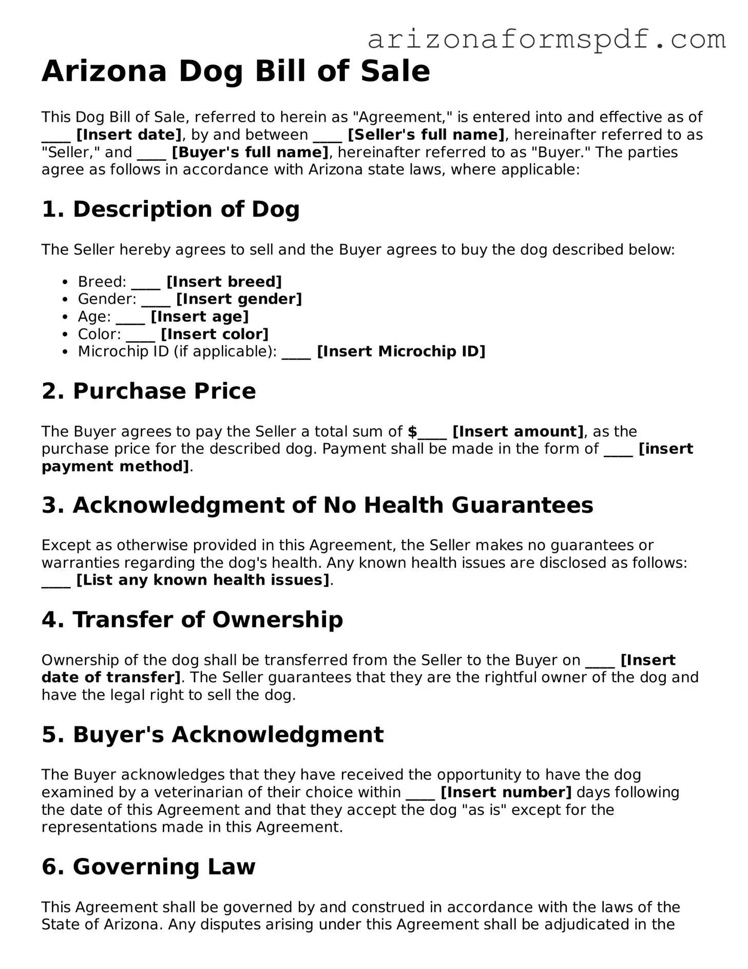 Blank Arizona Dog Bill of Sale Form