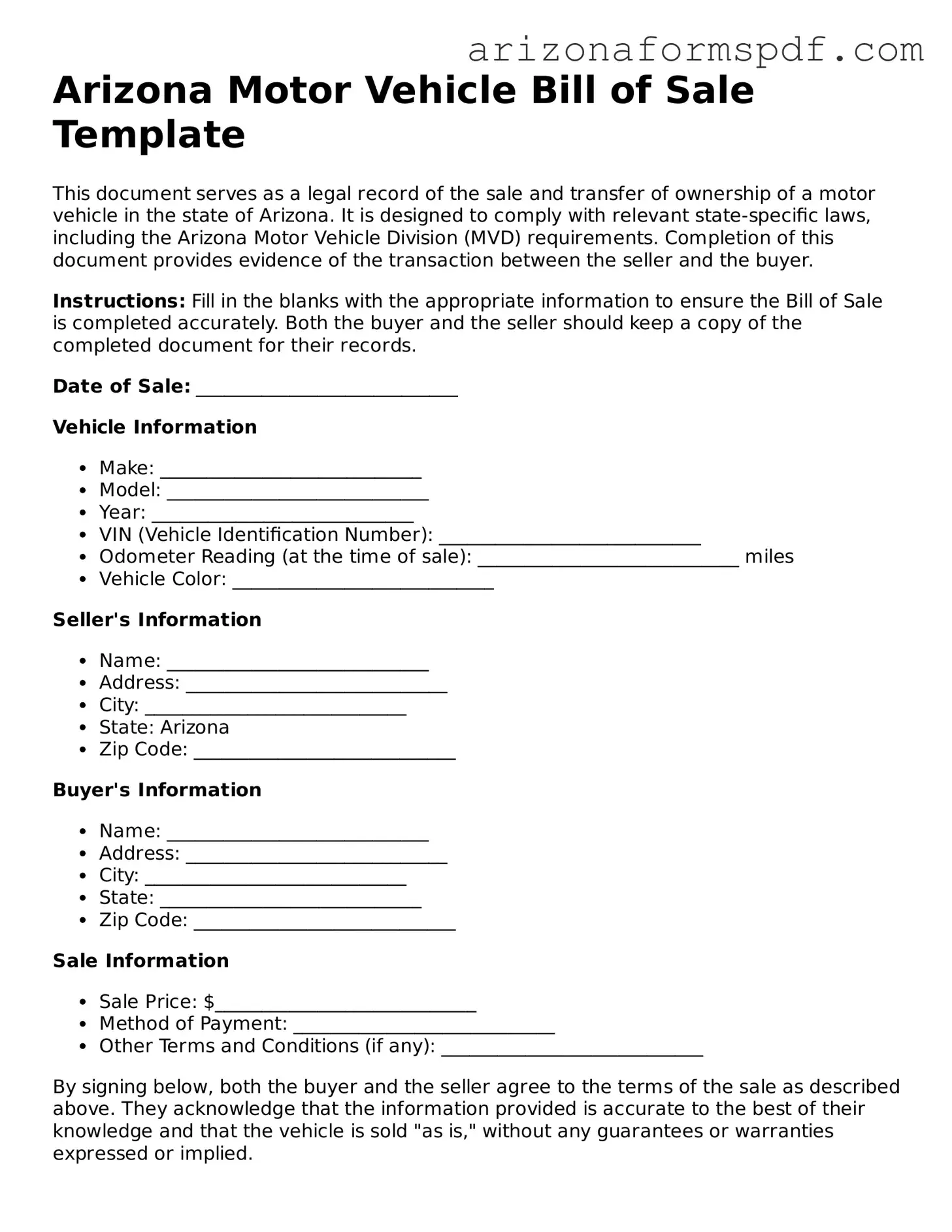 Blank Arizona Motor Vehicle Bill of Sale Form