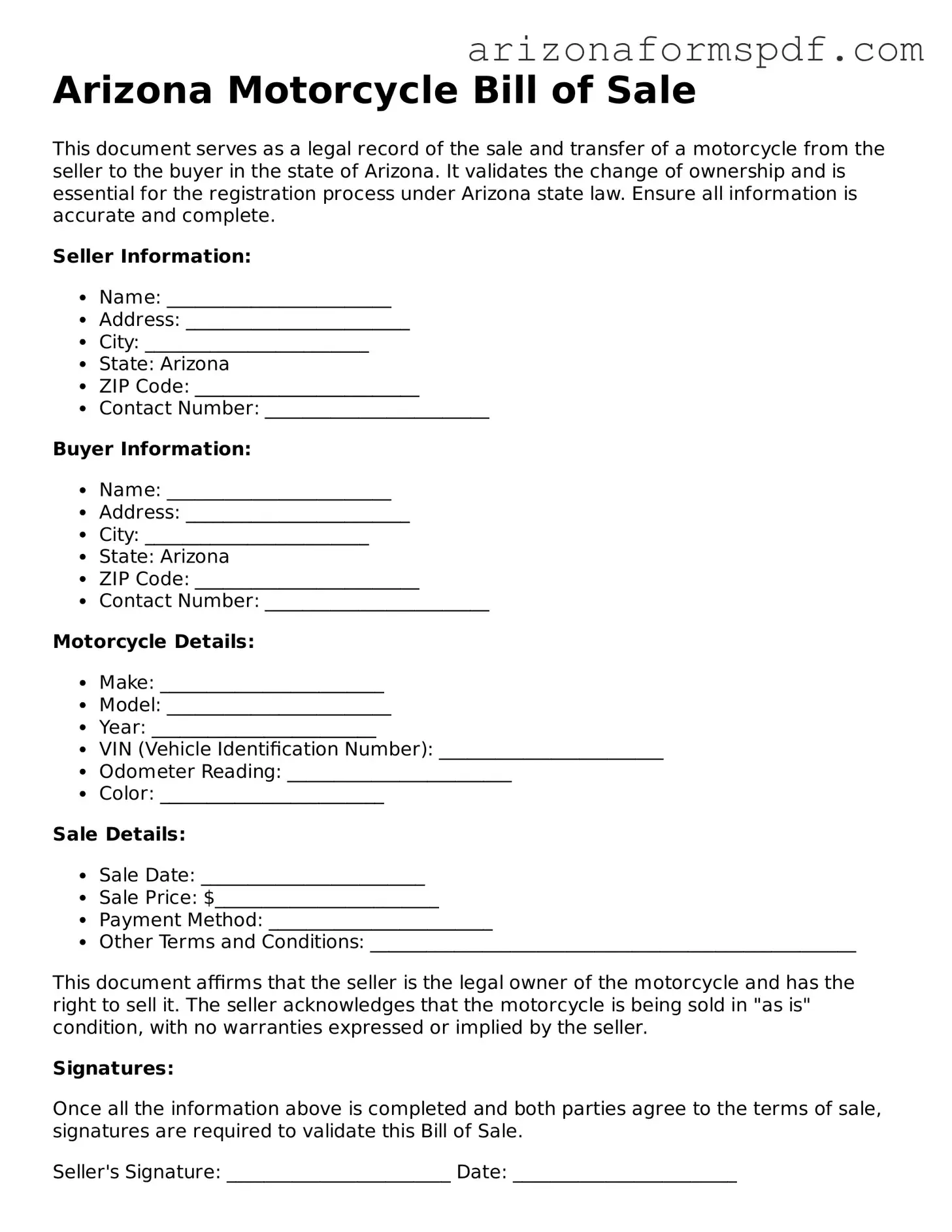 Blank Arizona Motorcycle Bill of Sale Form