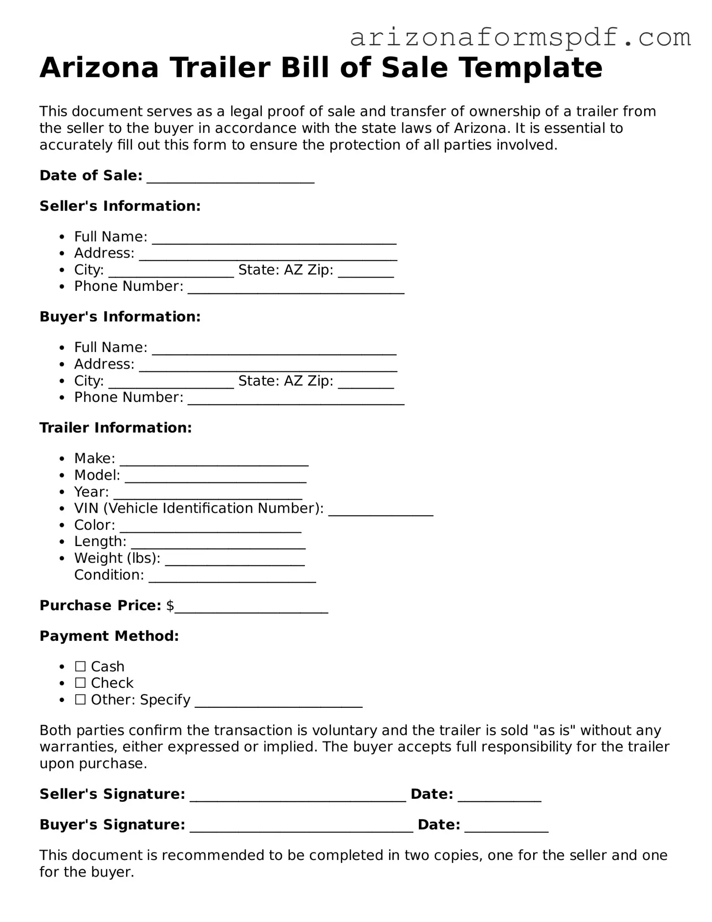 Blank Arizona Trailer Bill of Sale Form