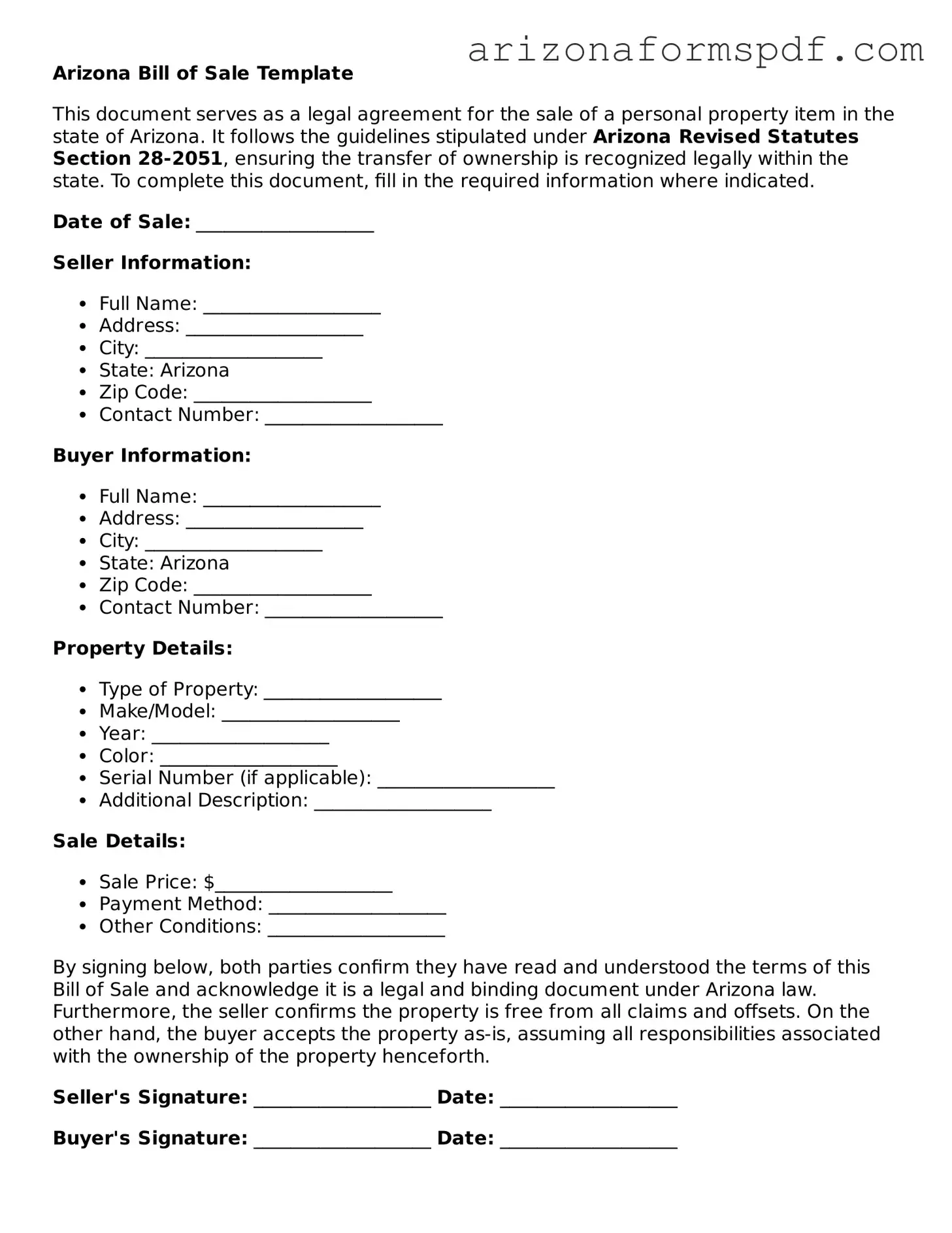 Blank Arizona Bill of Sale Form