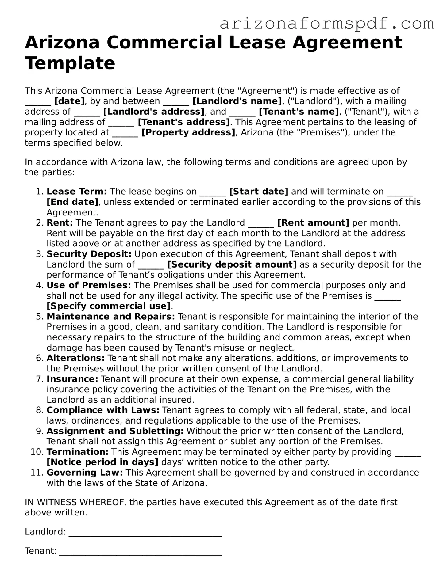 Blank Arizona Commercial Lease Agreement Form