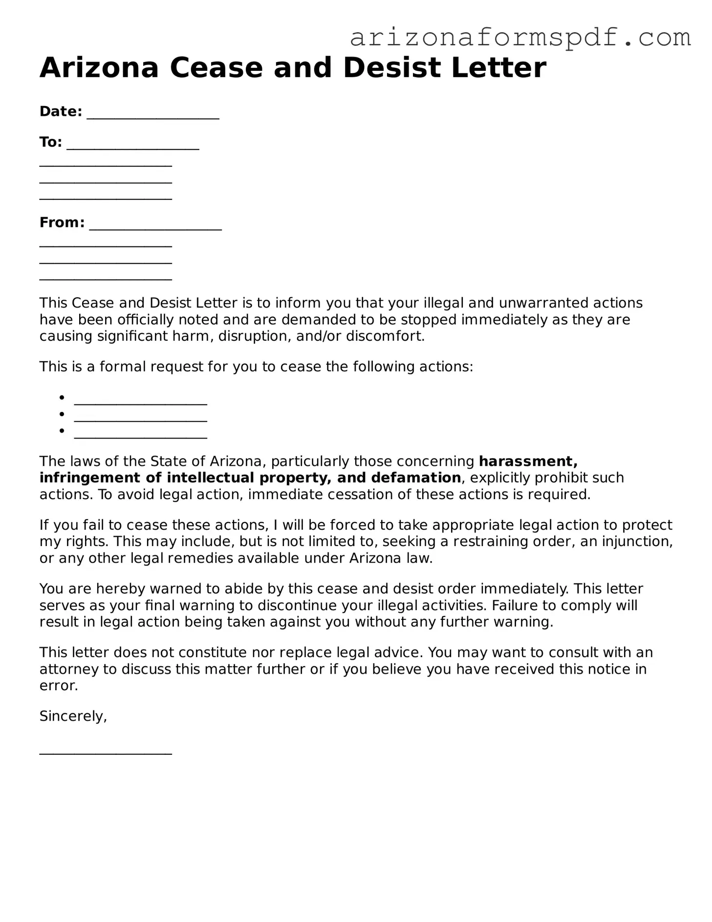 Blank Arizona Cease and Desist Letter Form