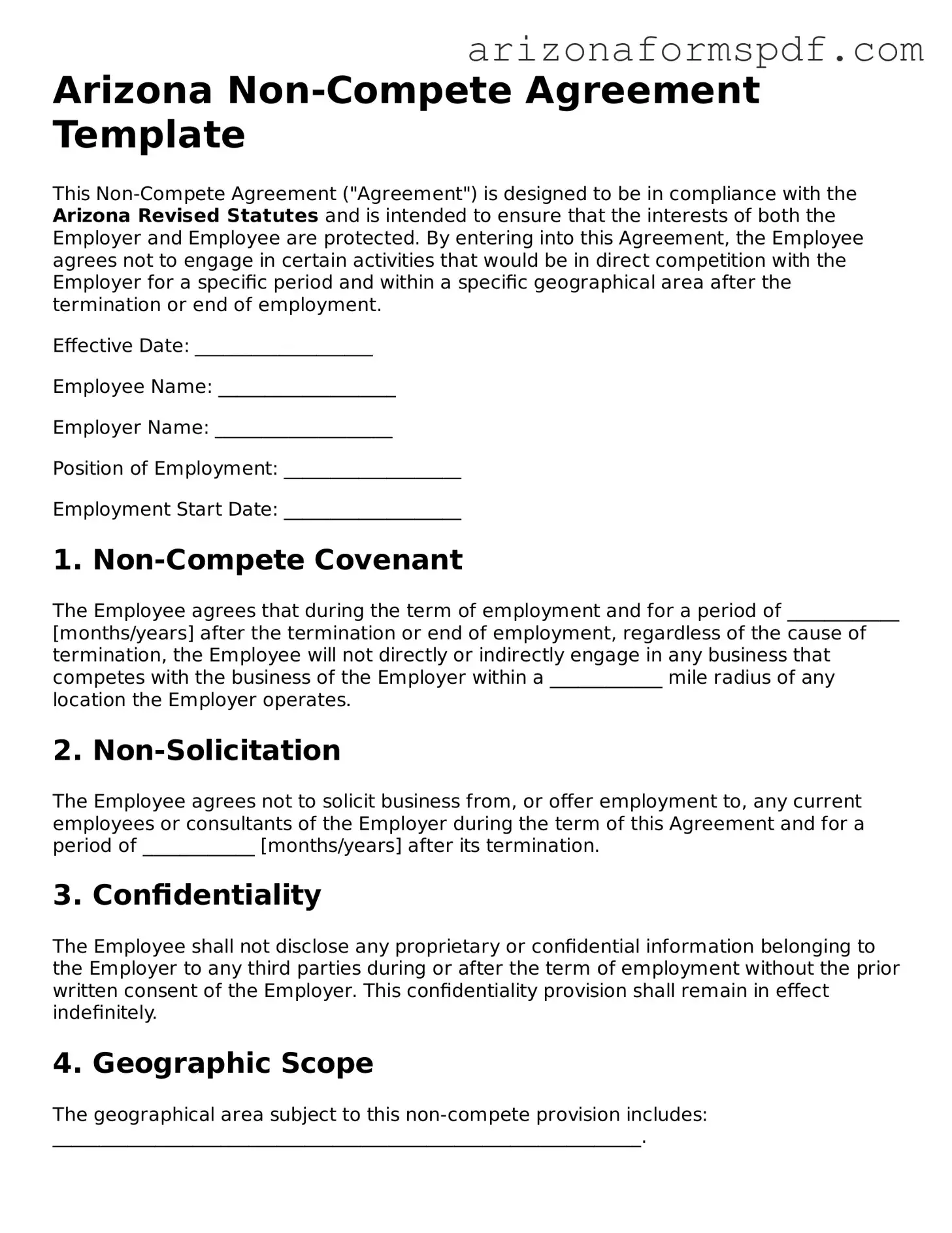 Blank Arizona Non-compete Agreement Form