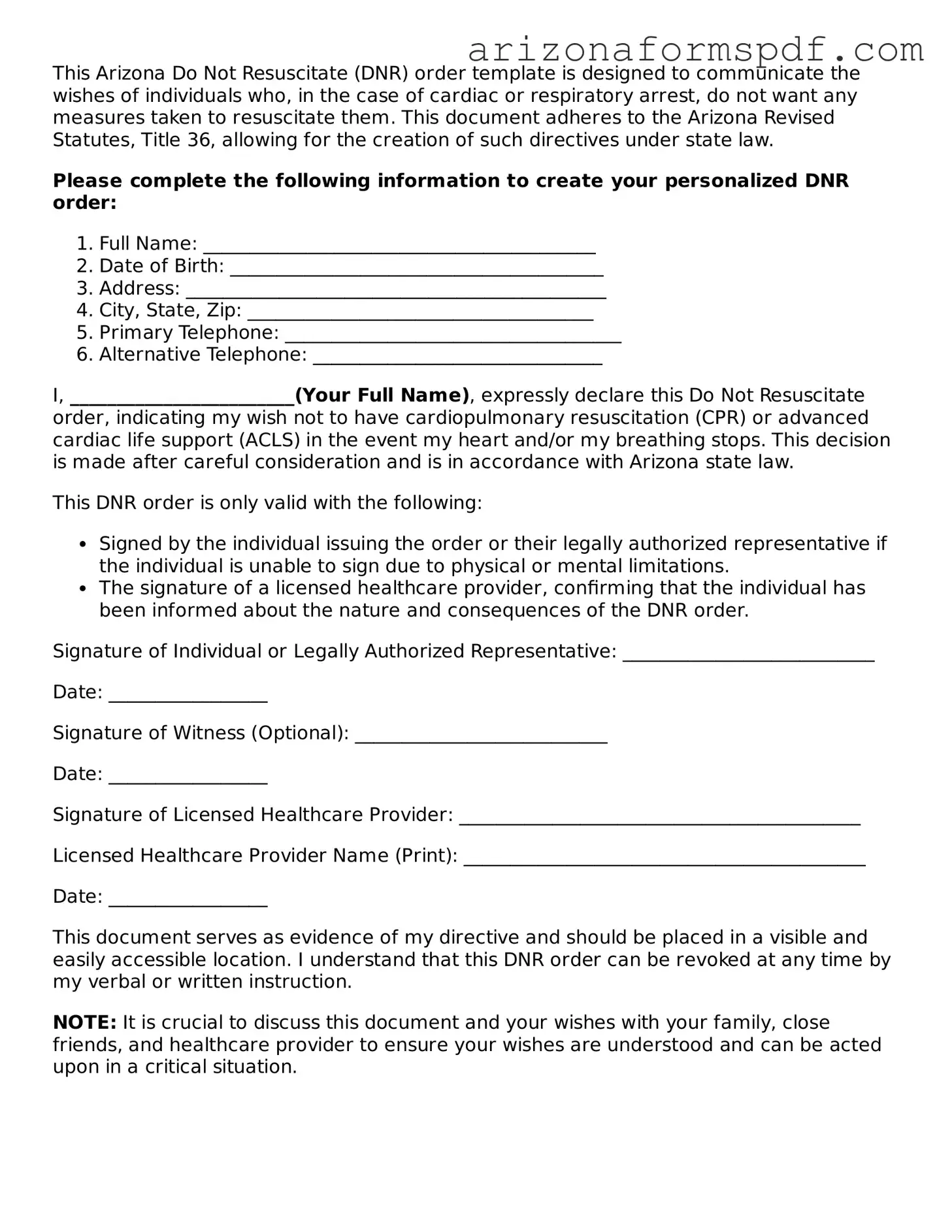 Blank Arizona Do Not Resuscitate Order Form