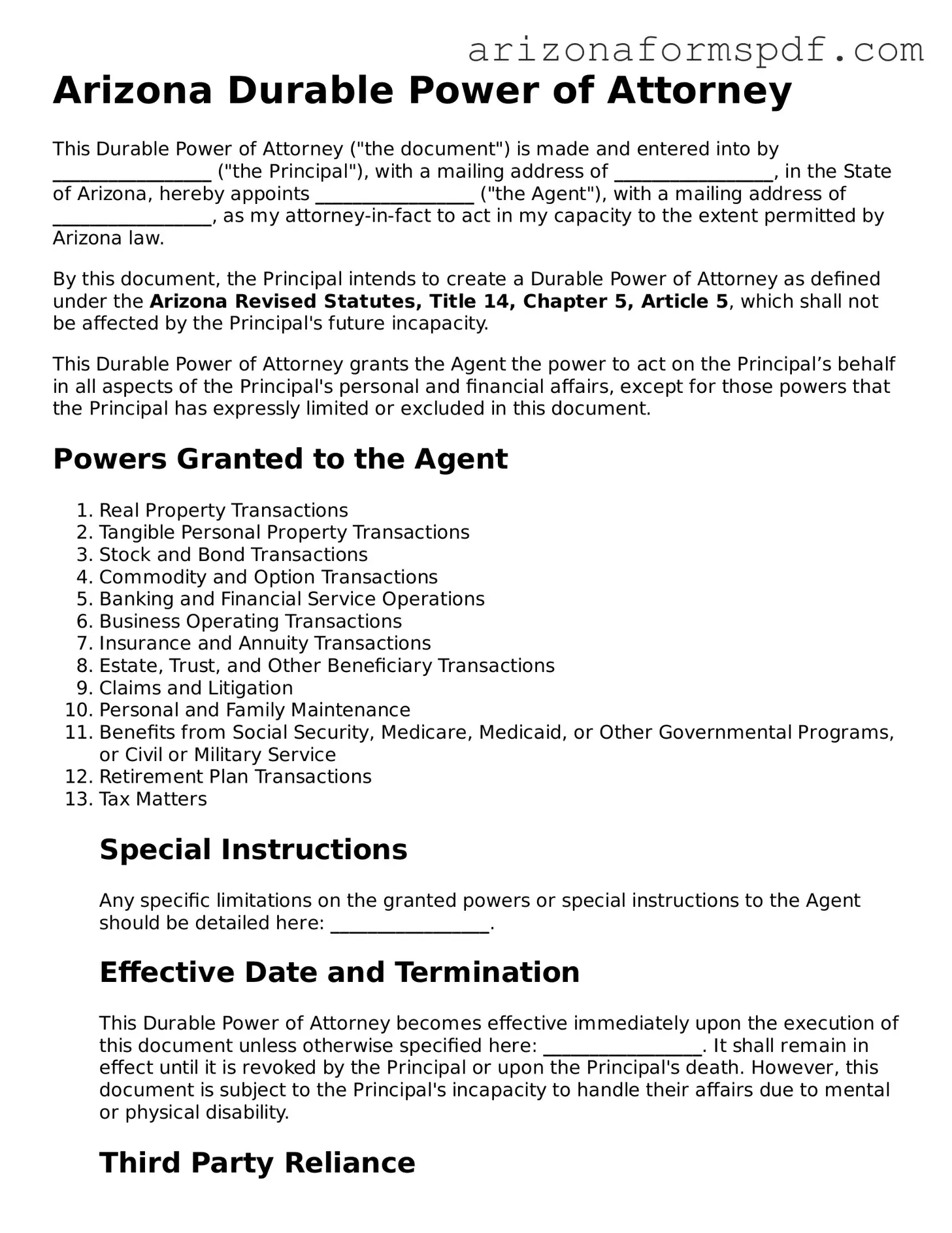 Blank Arizona Durable Power of Attorney Form