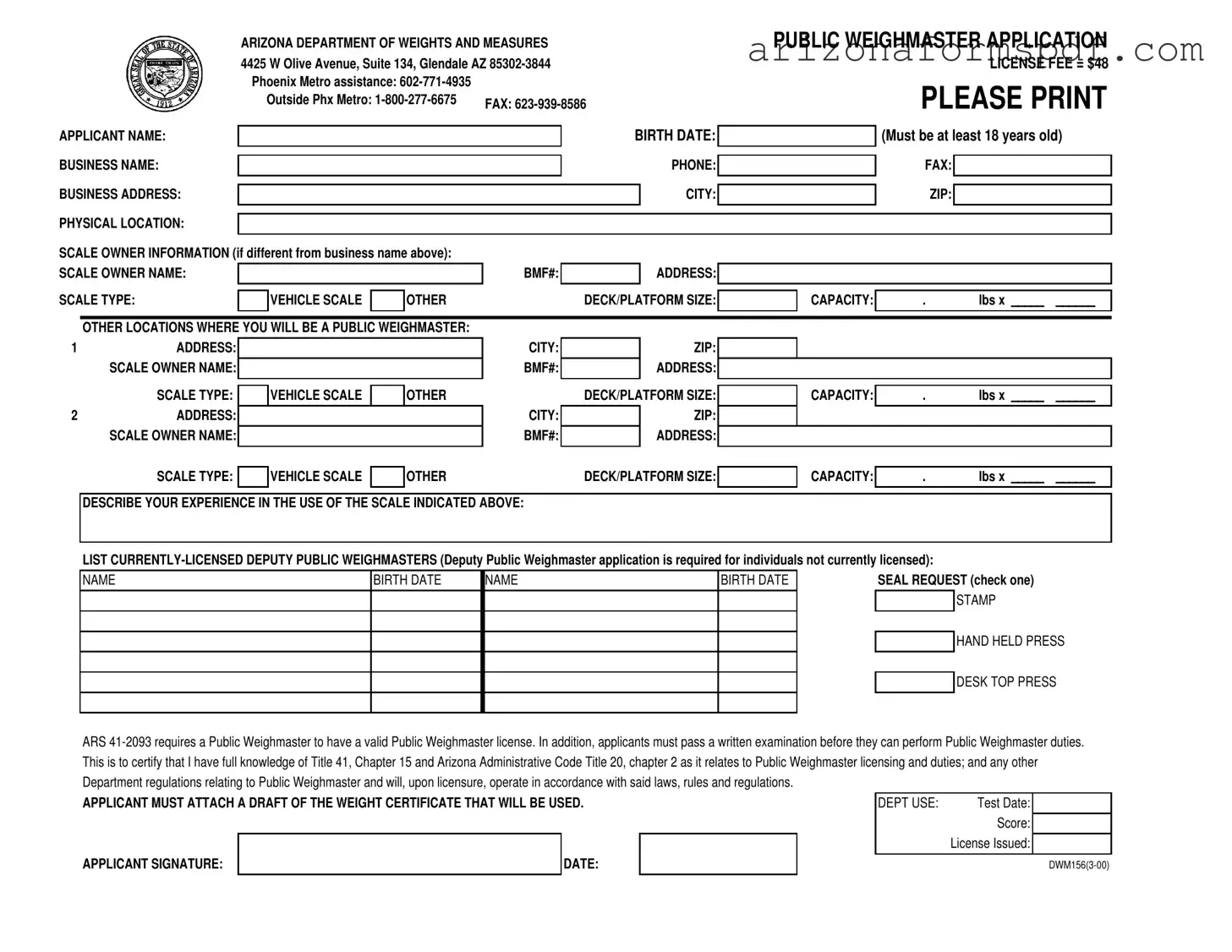 Fill in Your Arizona Dwm156 Form