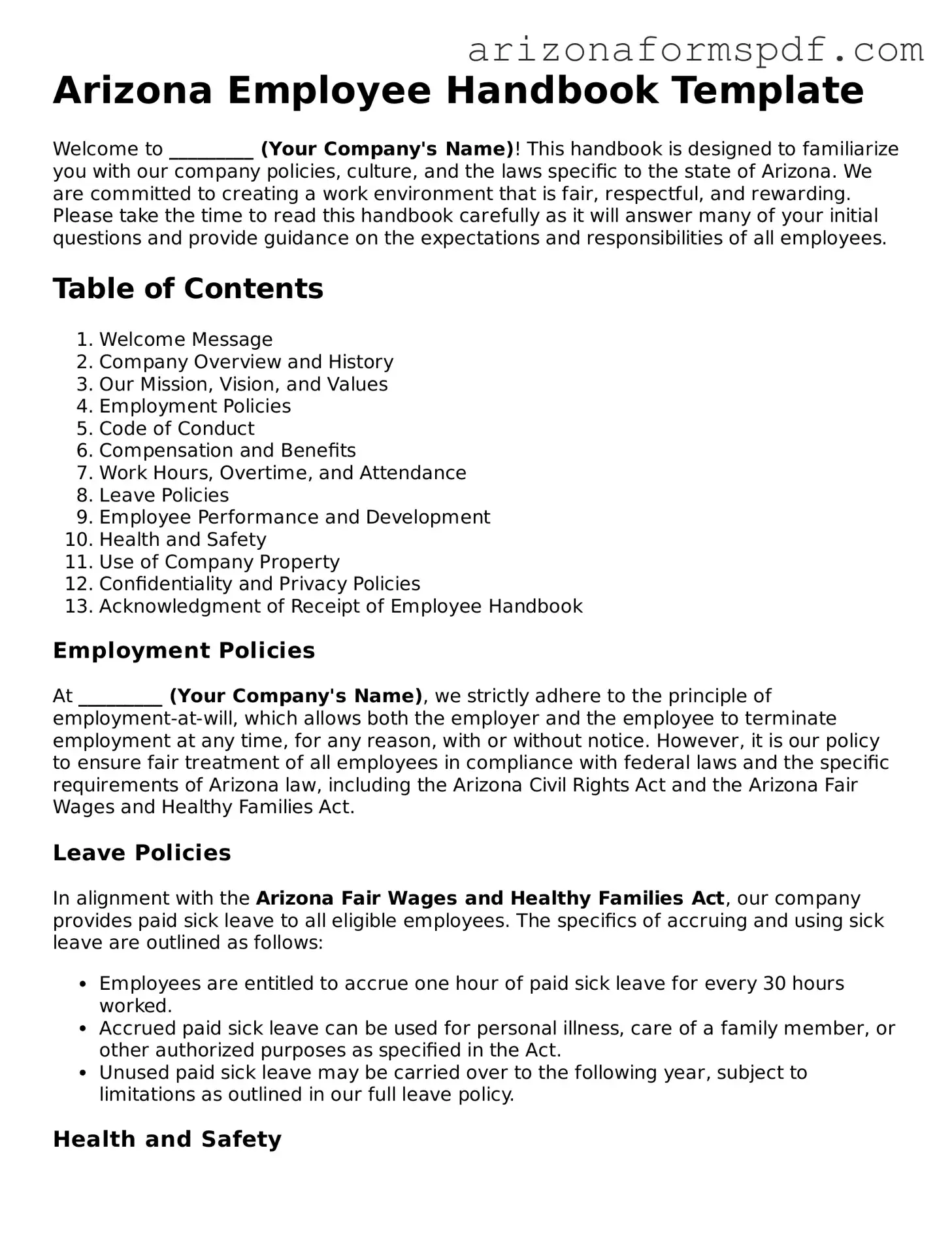 Blank Arizona Employee Handbook Form