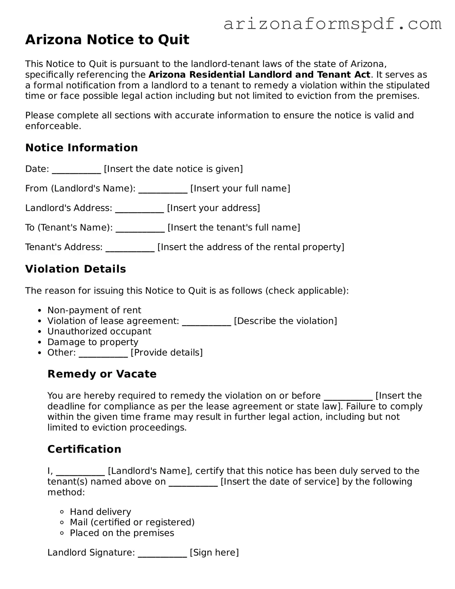Blank Arizona Notice to Quit Form