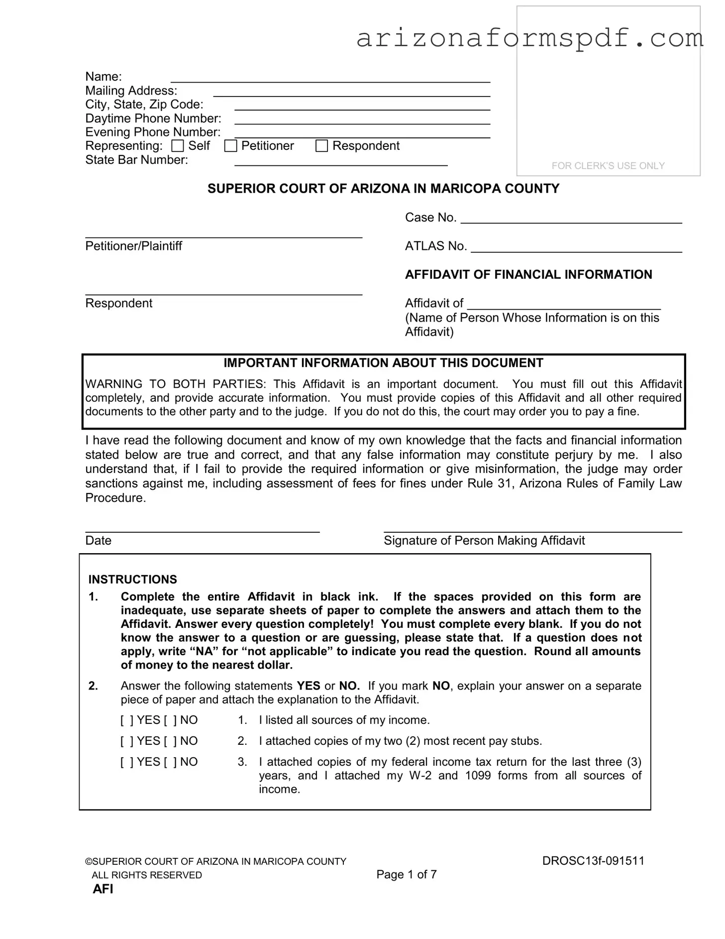 Fill in Your Arizona Financial Form
