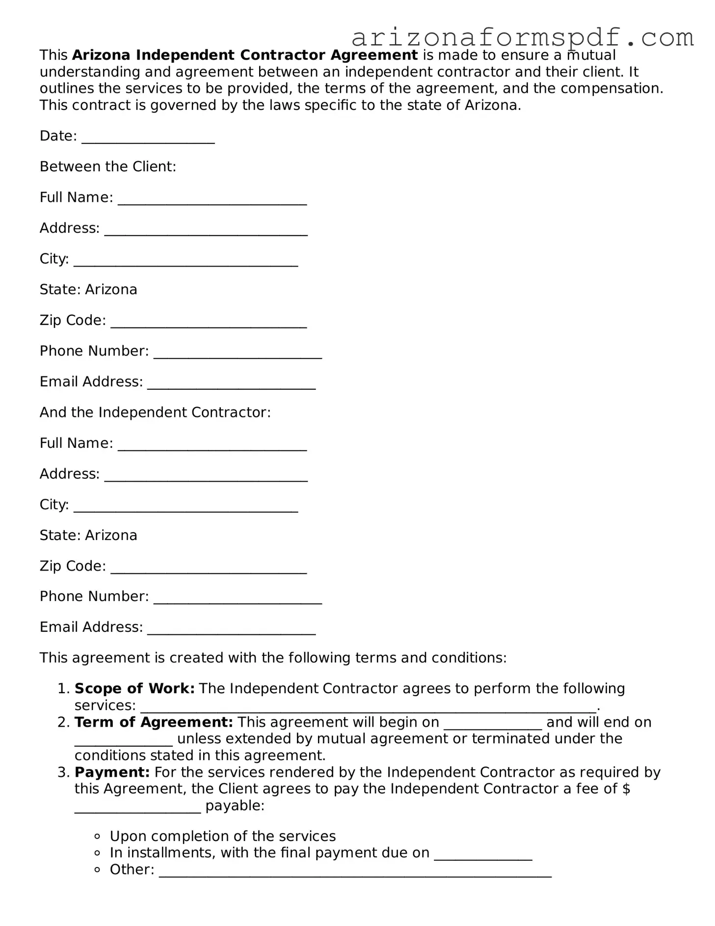 Blank Arizona Independent Contractor Agreement Form