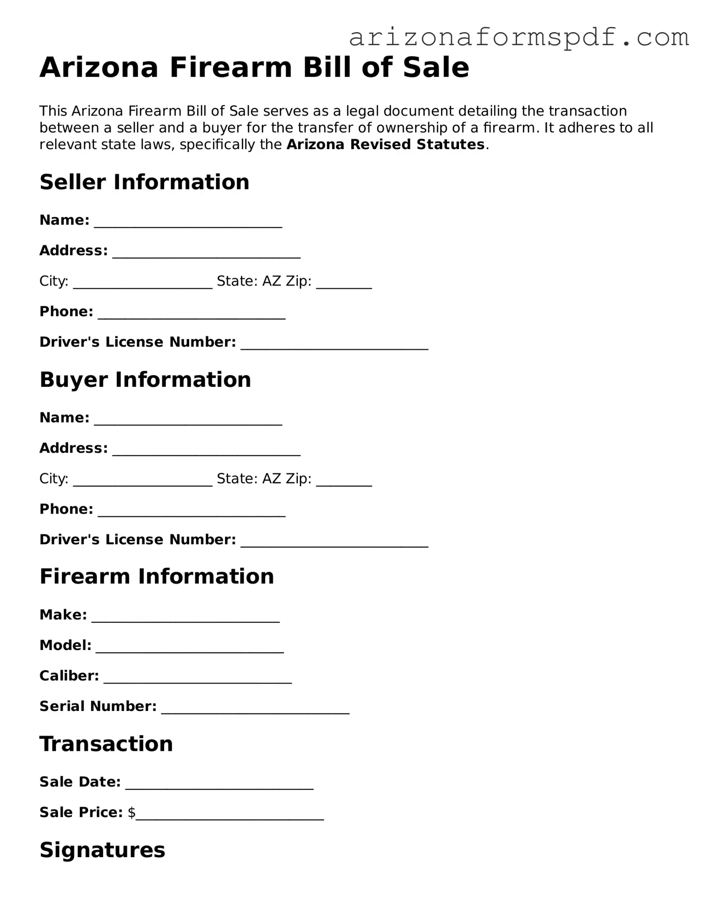 Blank Arizona Firearm Bill of Sale Form