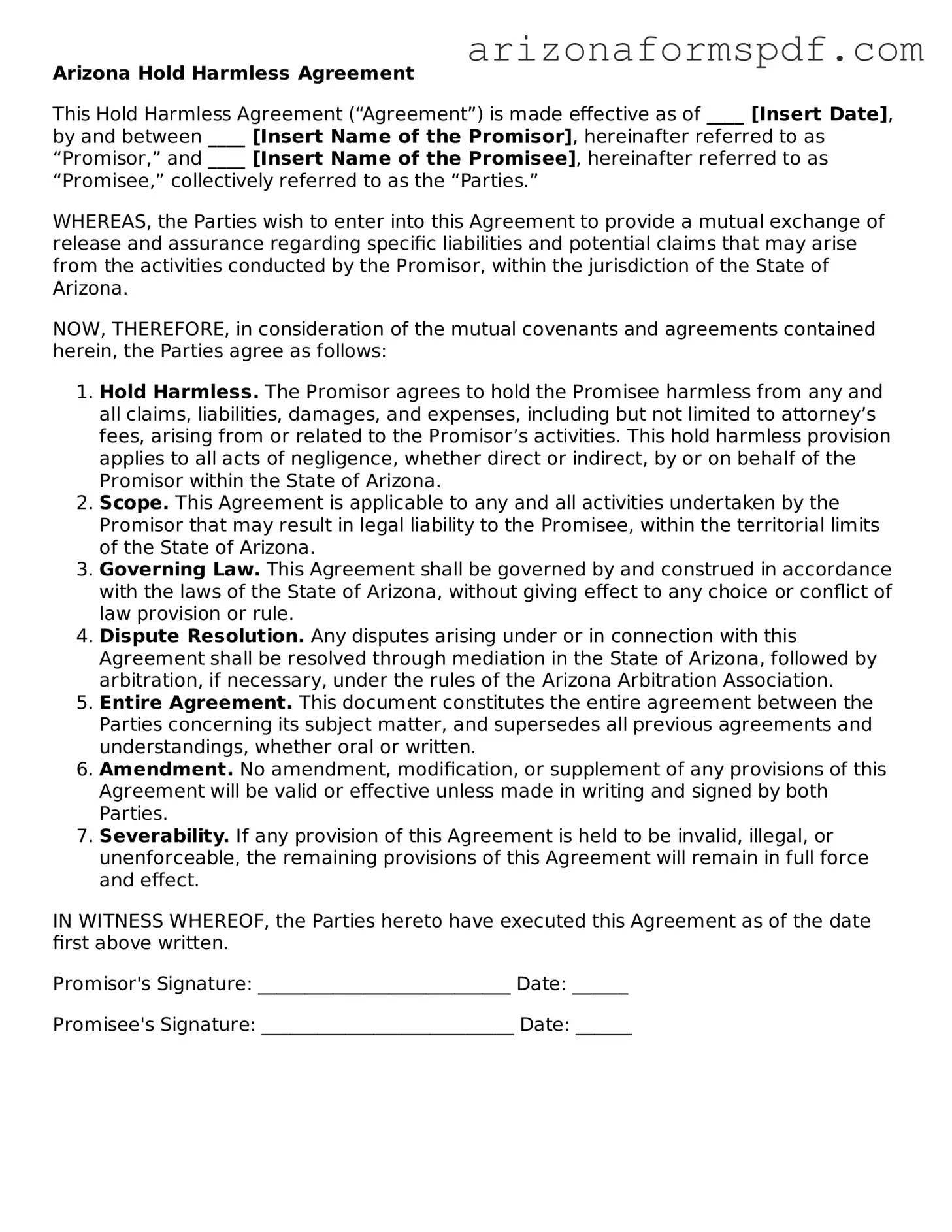 Blank Arizona Hold Harmless Agreement Form
