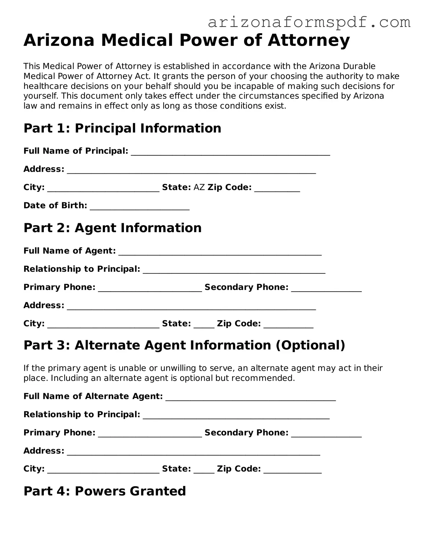 Blank Arizona Medical Power of Attorney Form