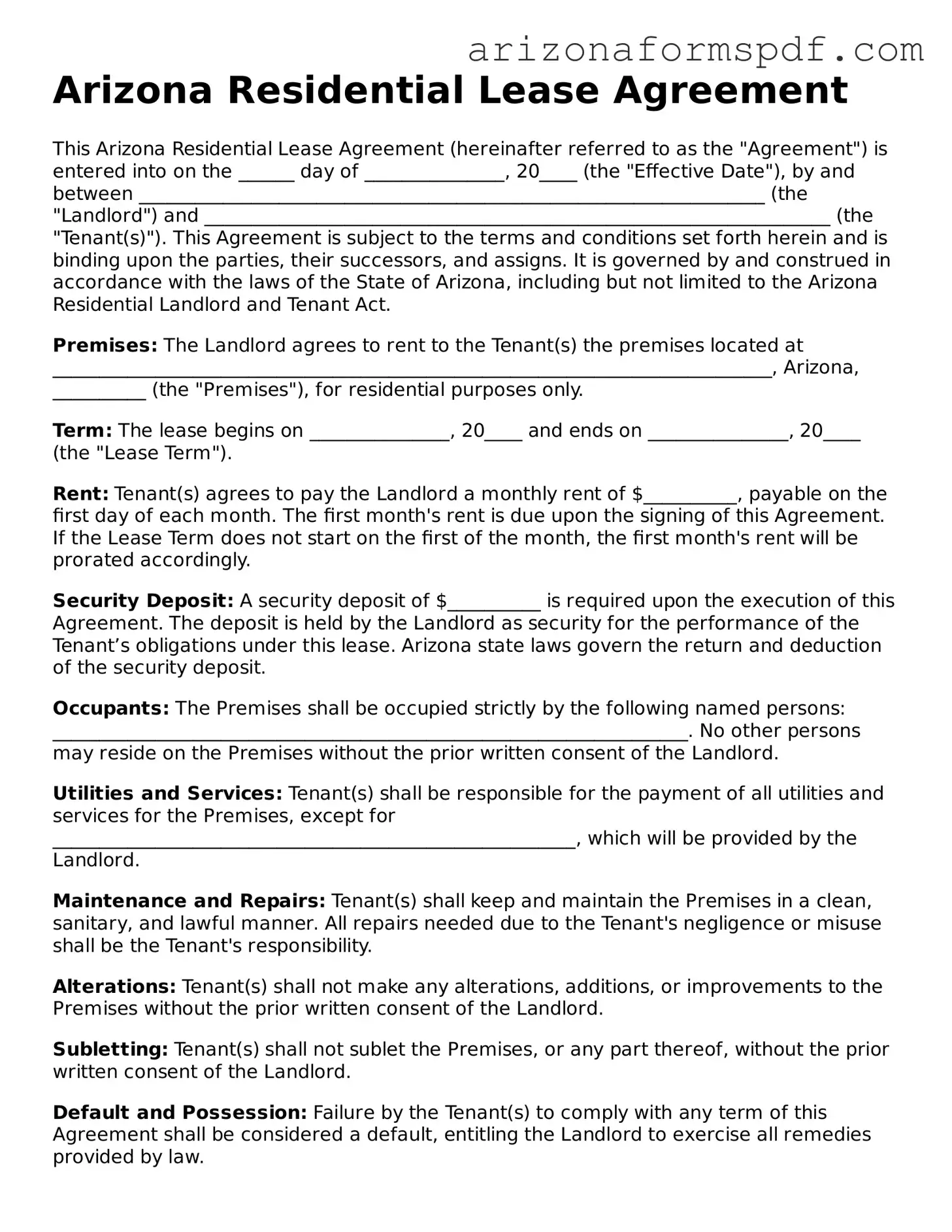 Blank Arizona Residential Lease Agreement Form