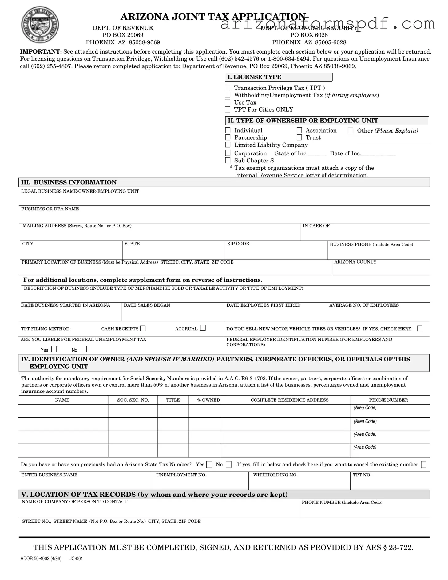 Fill in Your Arizona Joint Tax Application Form