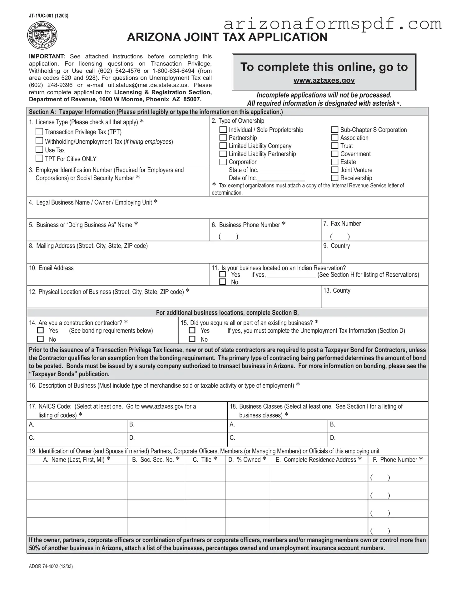 Fill in Your Arizona Jt 1 Uc 001 Form