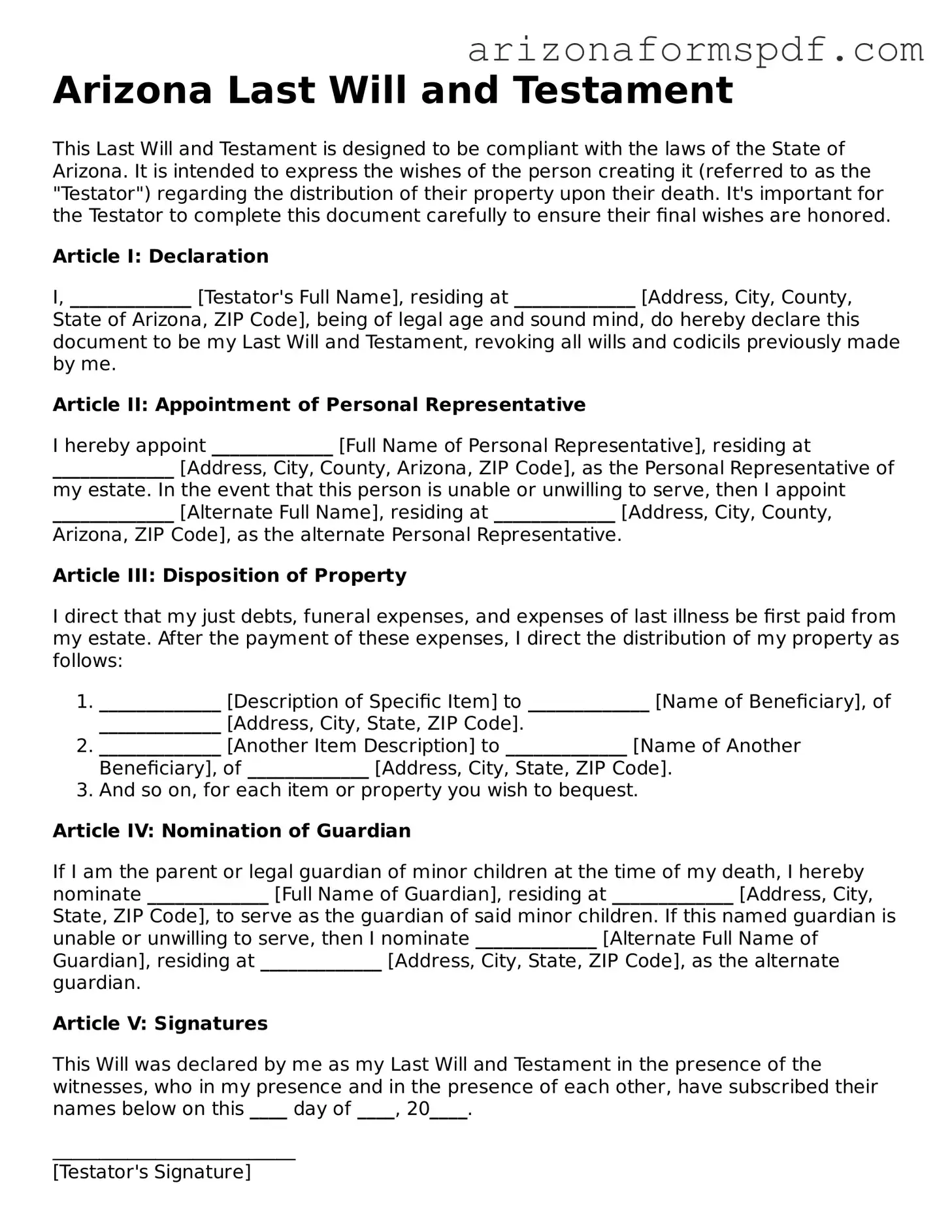 Blank Arizona Last Will and Testament Form