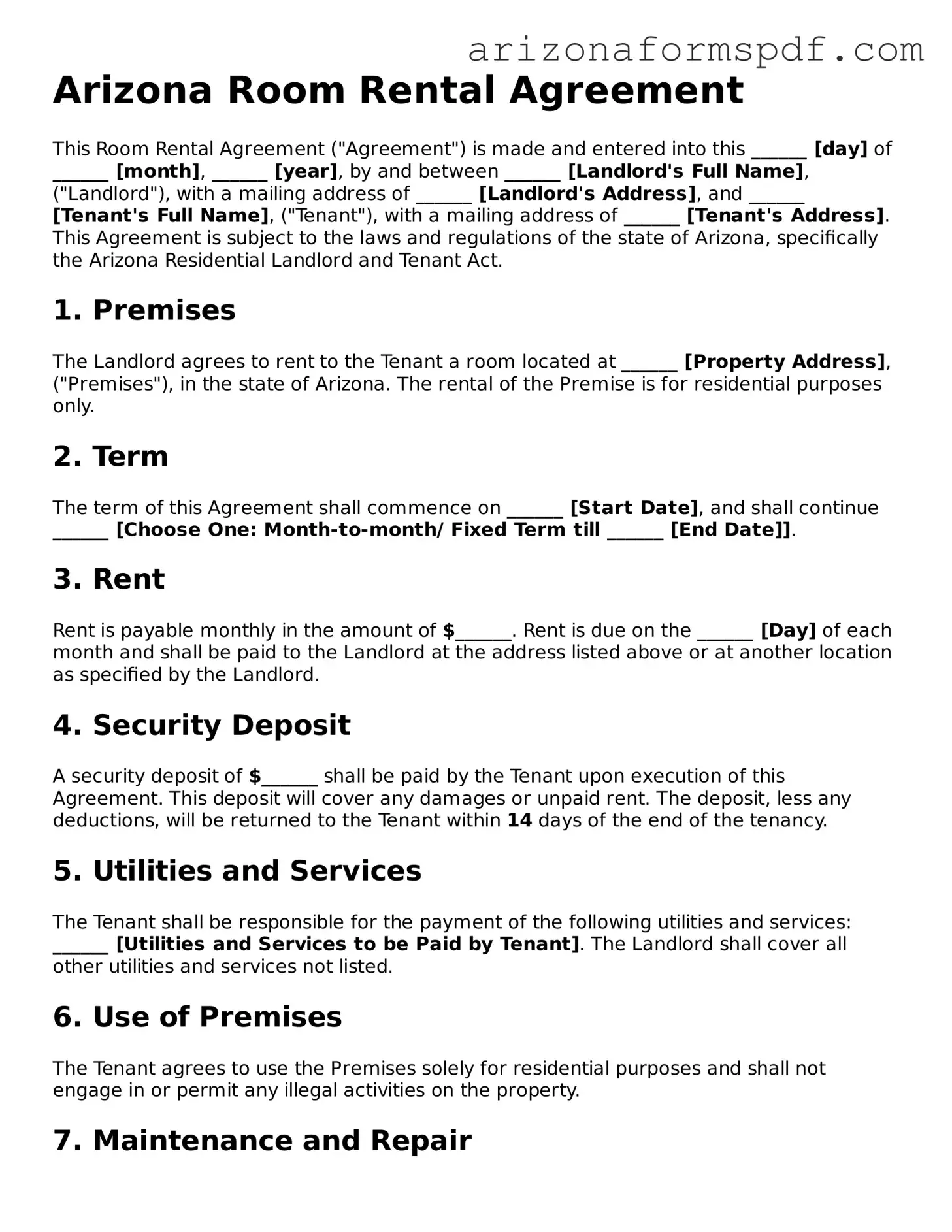 Blank Arizona Room Rental Agreement Form