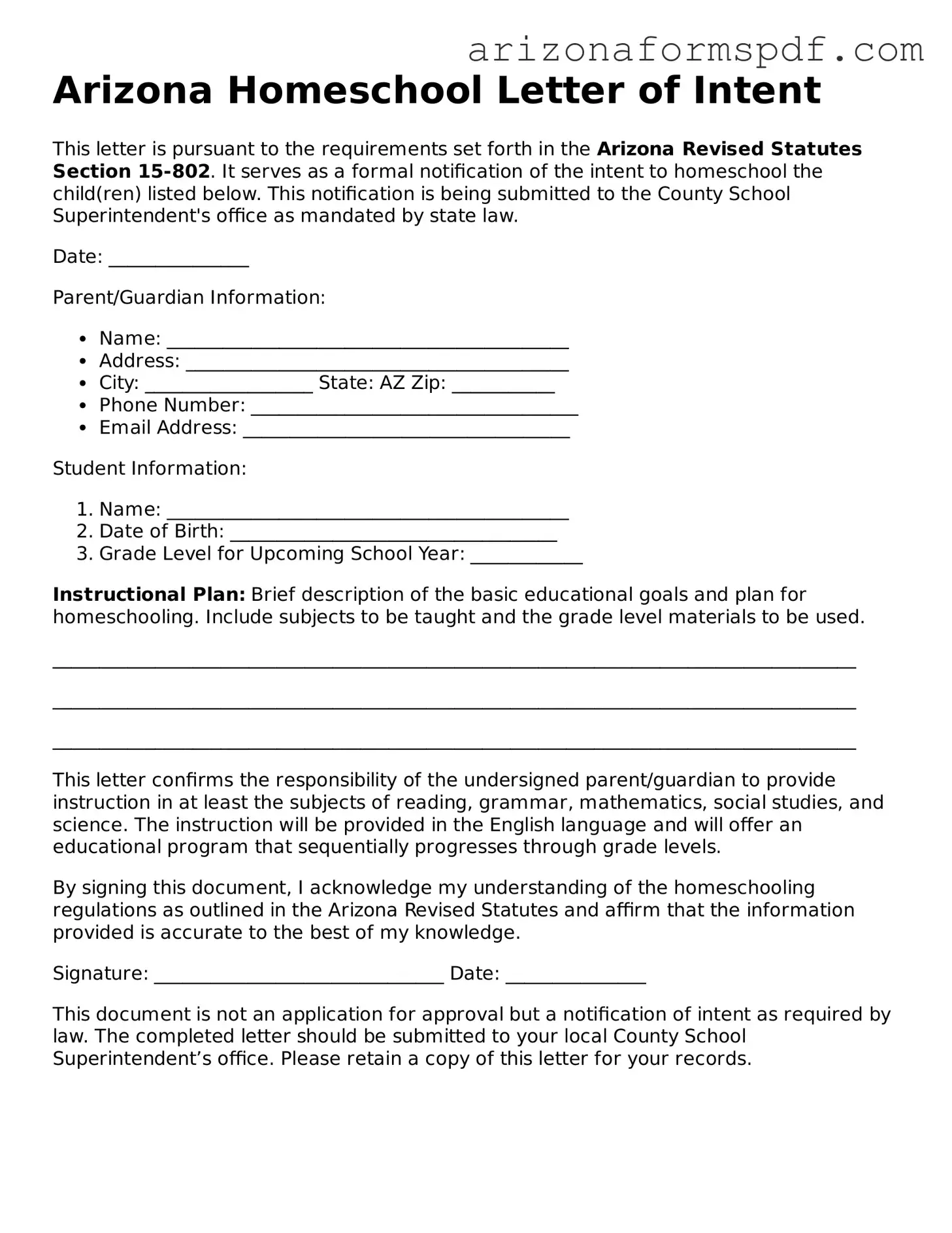 Blank Arizona Homeschool Letter of Intent Form