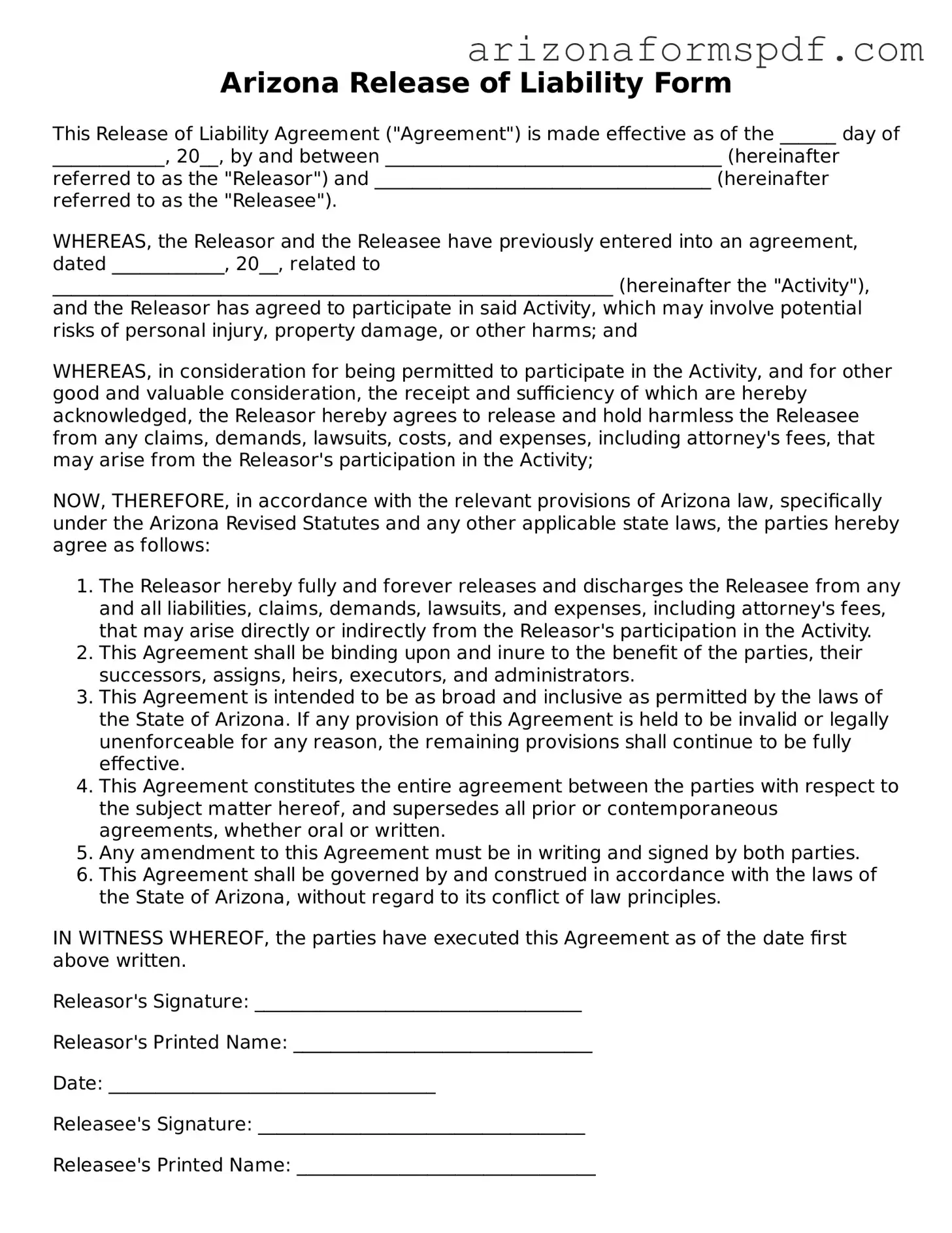 Blank Arizona Release of Liability Form