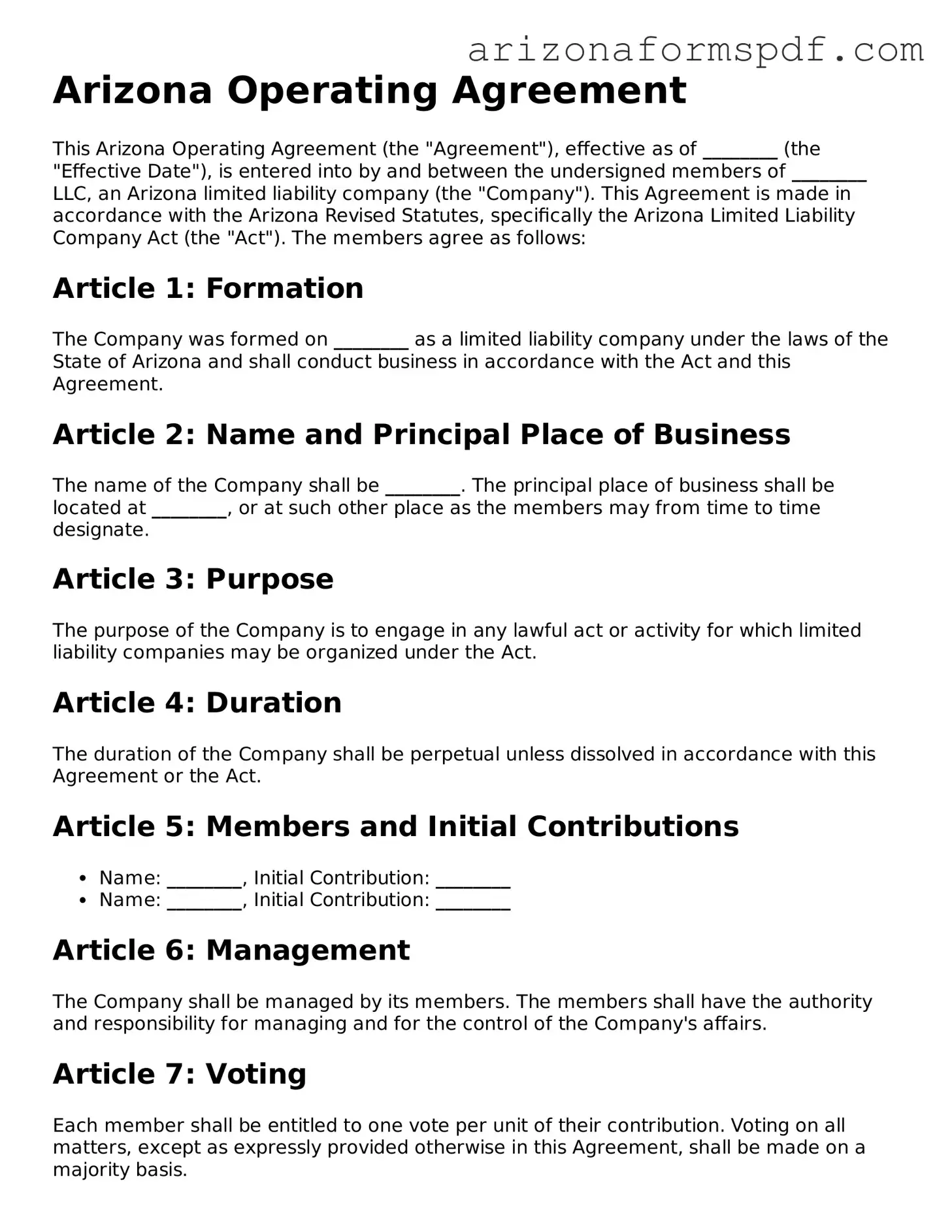 Blank Arizona Operating Agreement Form