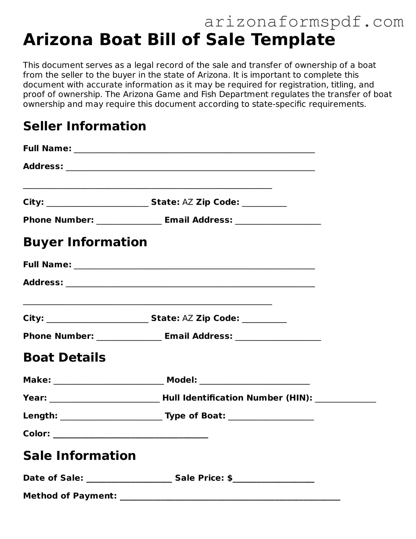 Blank Arizona Boat Bill of Sale Form