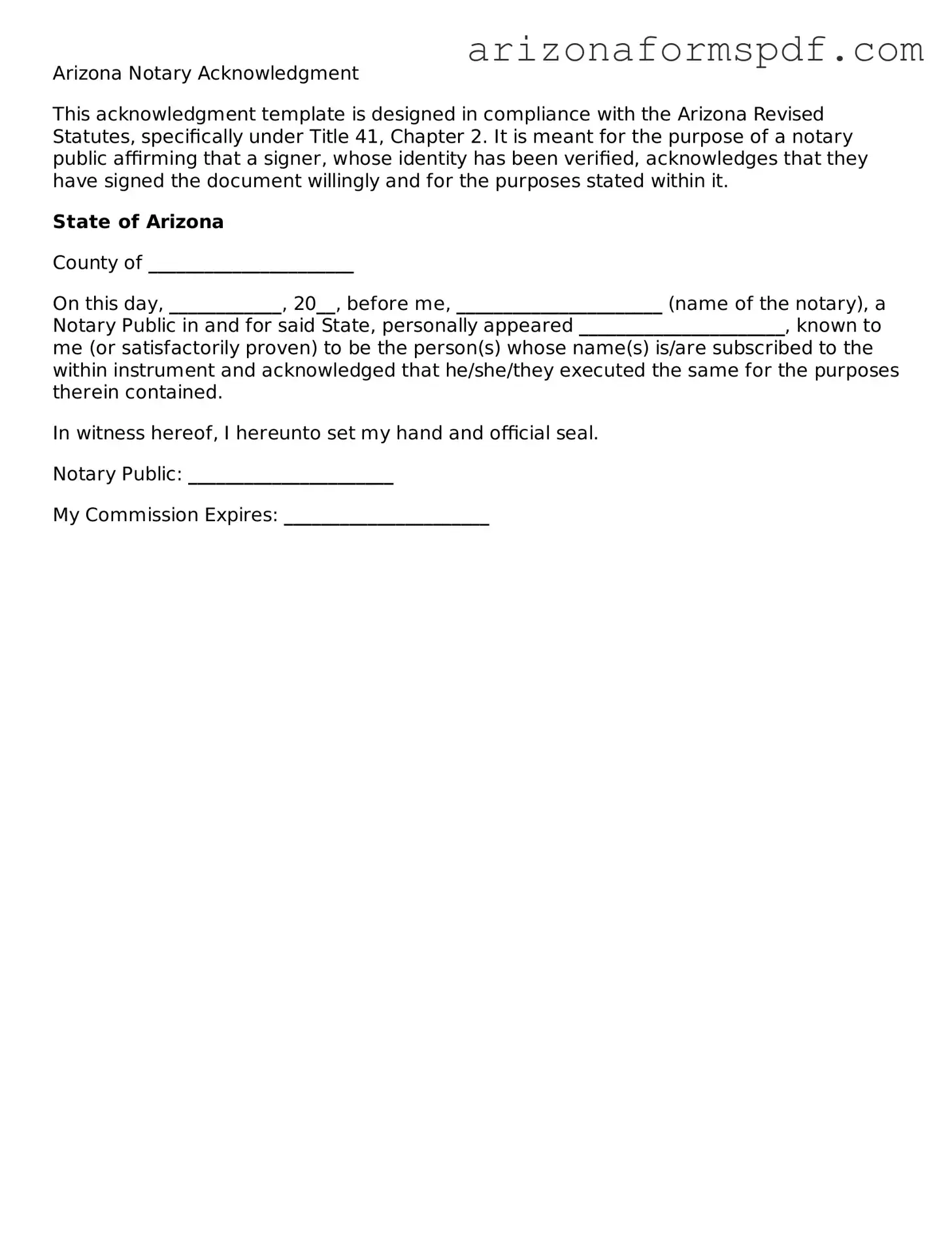 Blank Arizona Notary Acknowledgement Form