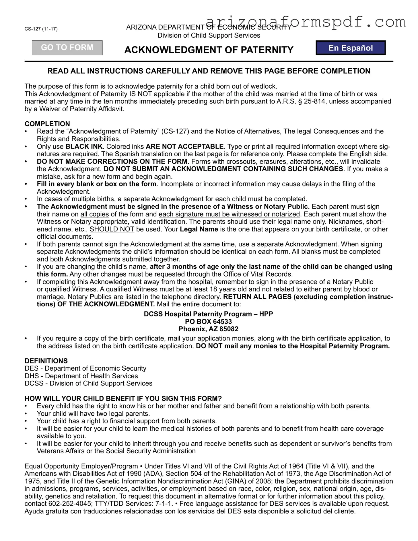 Fill in Your Arizona Paternity Form