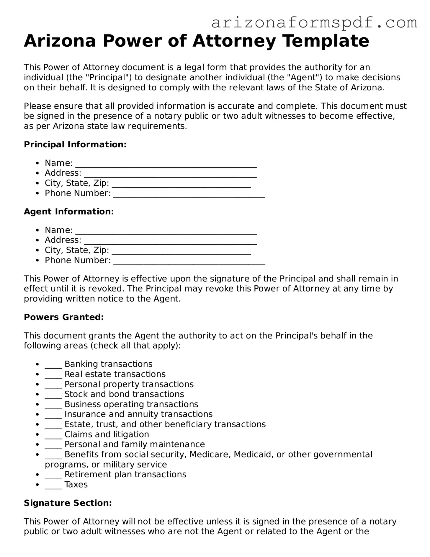 Blank Arizona Power of Attorney Form