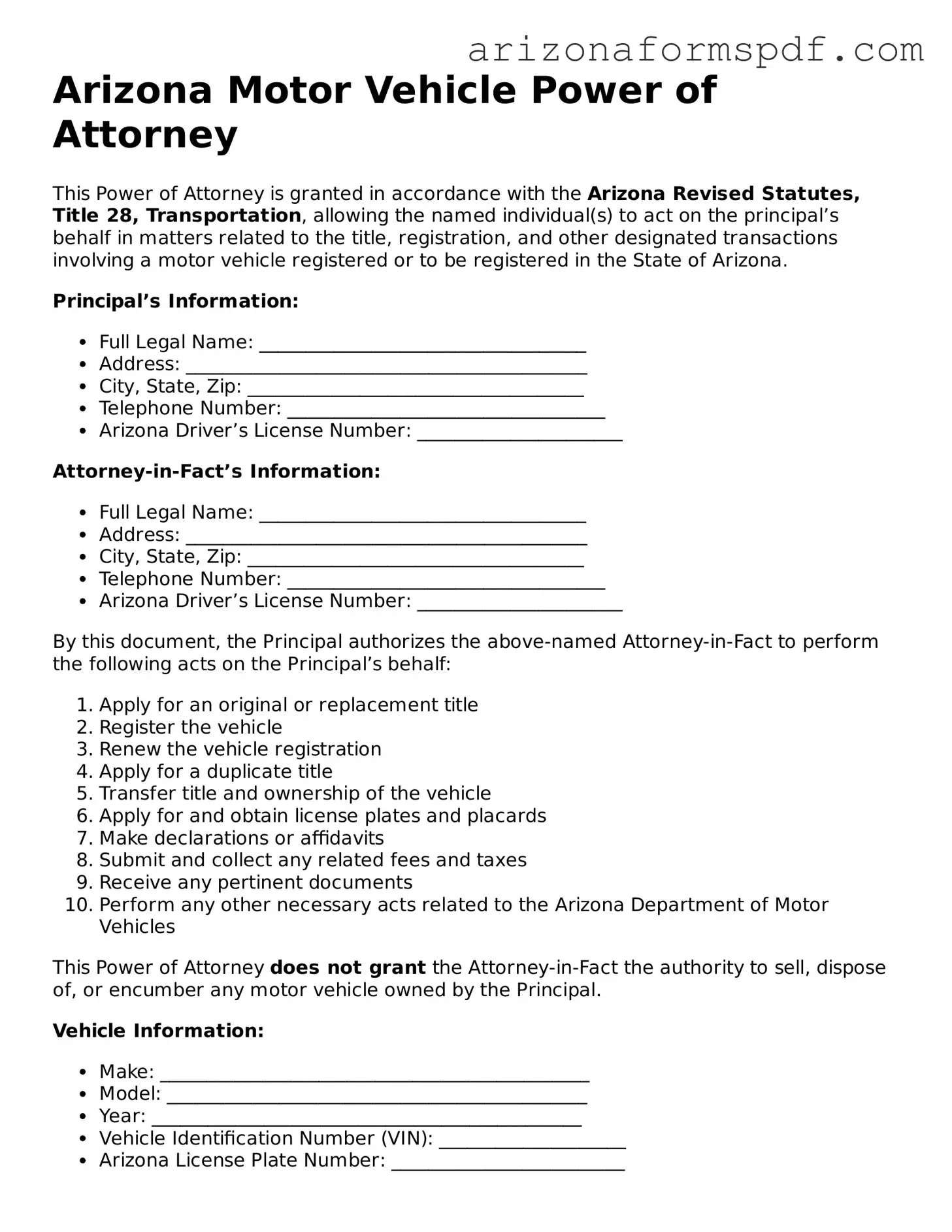 Blank Arizona Motor Vehicle Power of Attorney Form