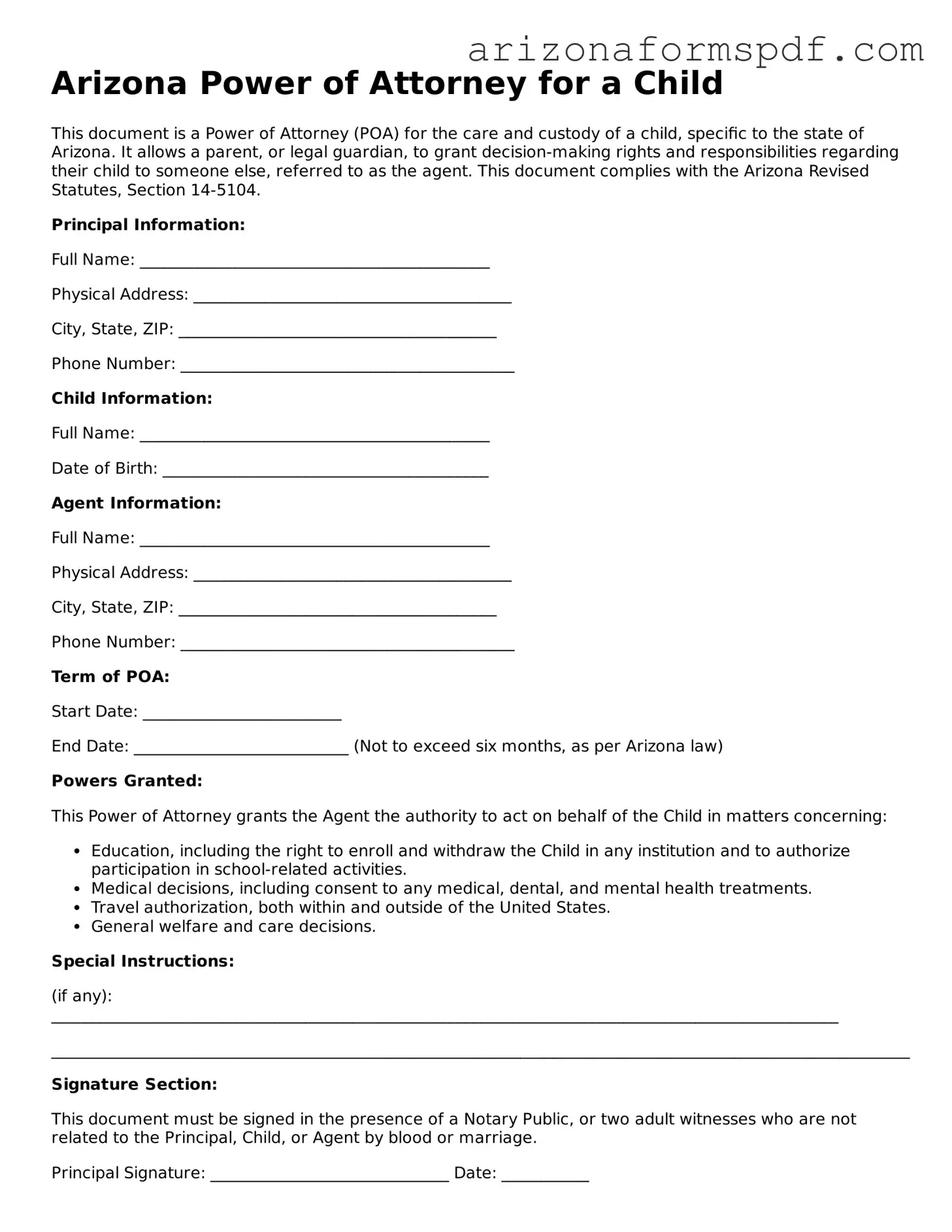 Blank Arizona Power of Attorney for a Child Form