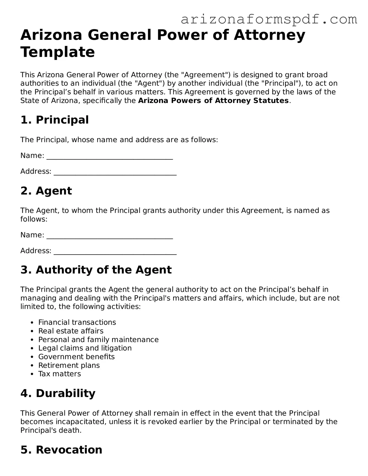 Blank Arizona General Power of Attorney Form