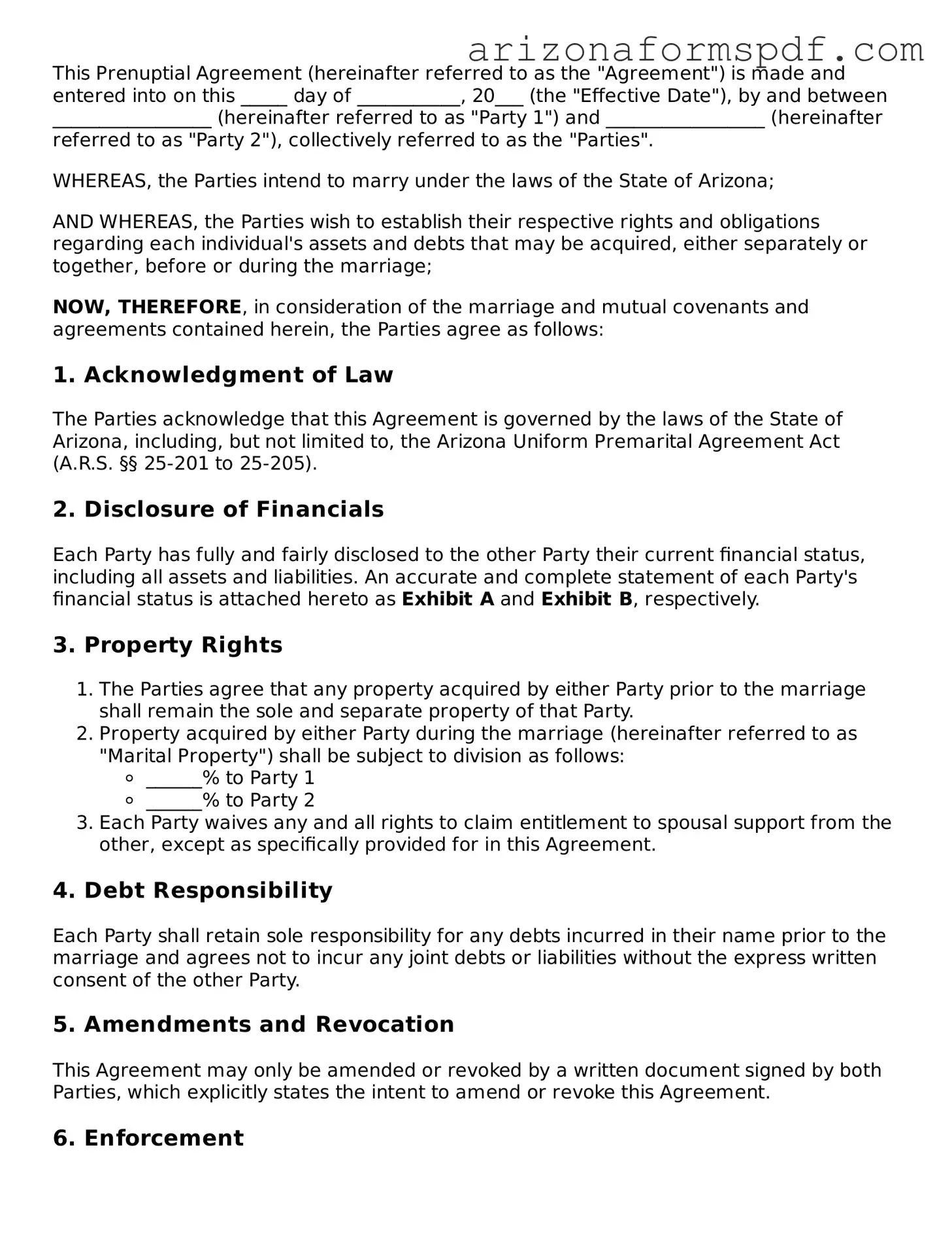 Blank Arizona Prenuptial Agreement Form