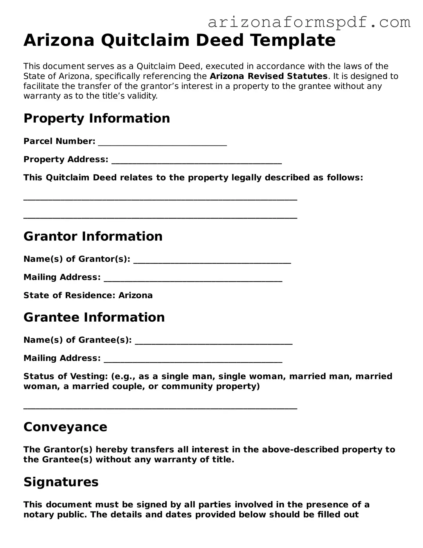 Blank Arizona Quitclaim Deed Form