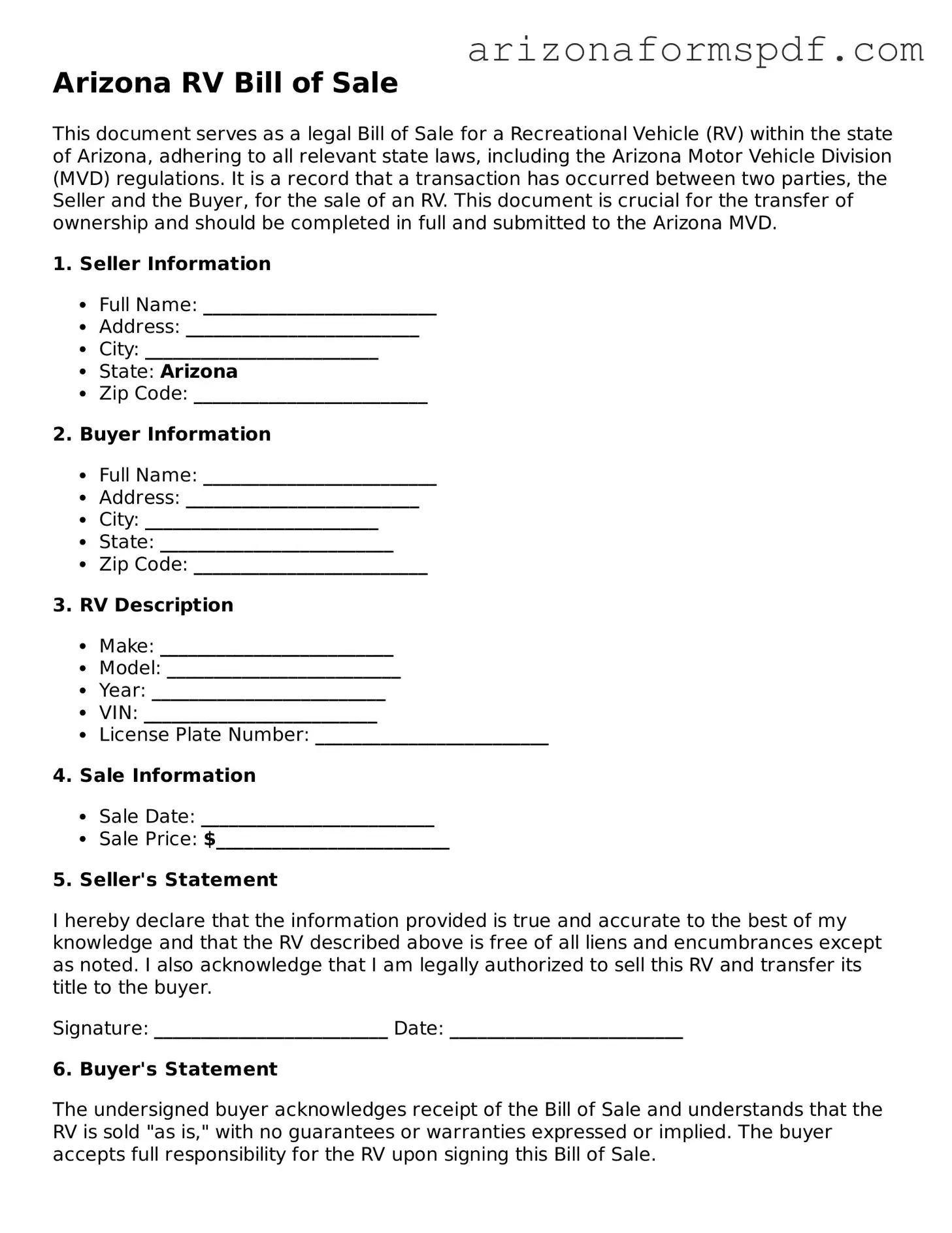 Blank Arizona RV Bill of Sale Form