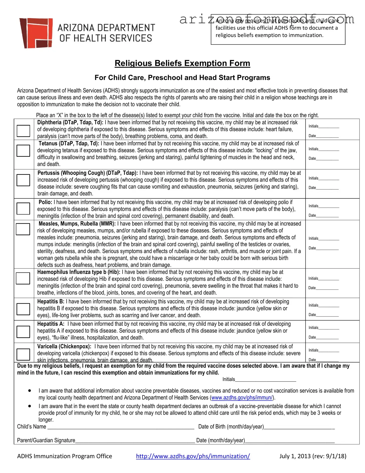 Fill in Your Arizona Religious Beliefs Form