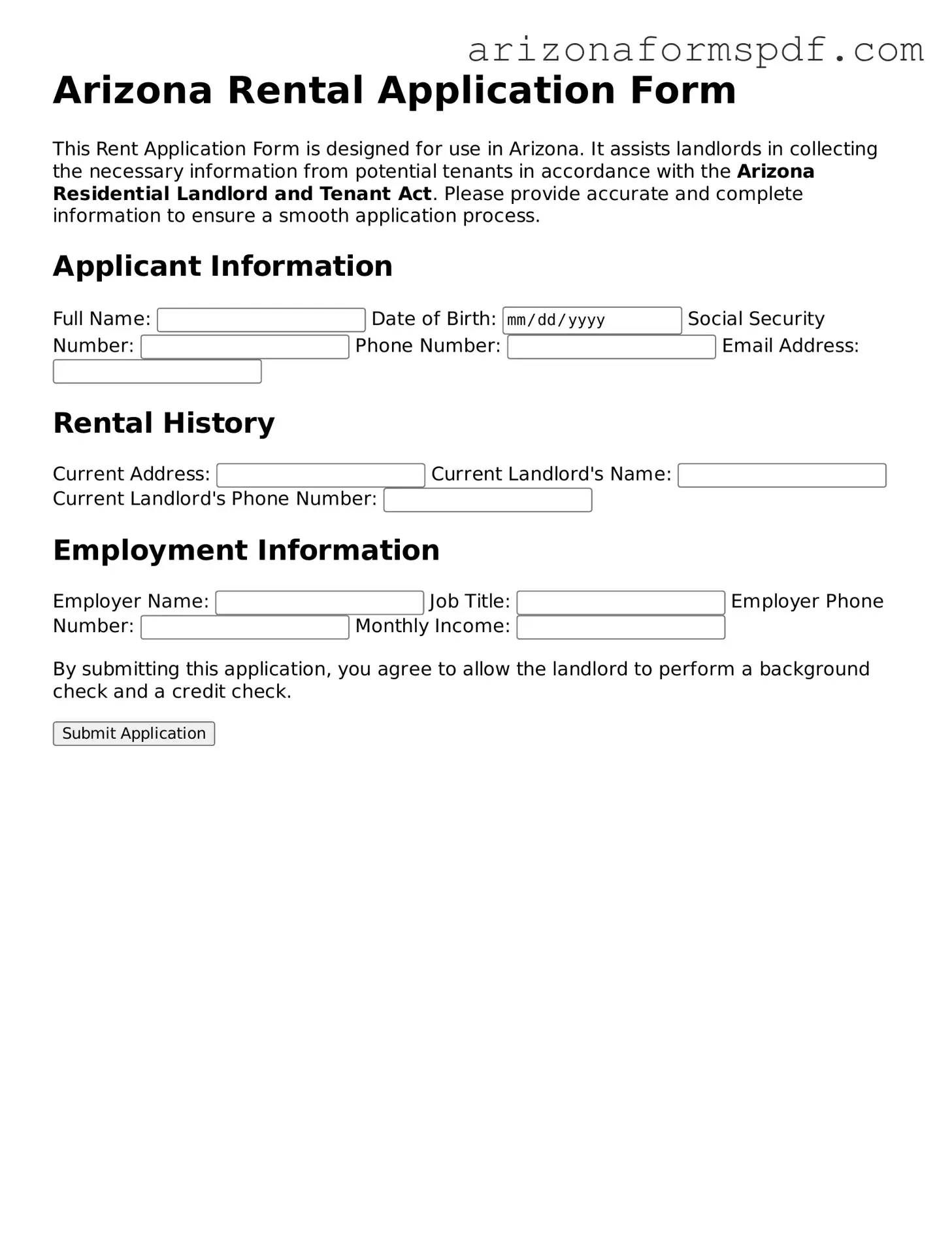 Blank Arizona Rental Application Form