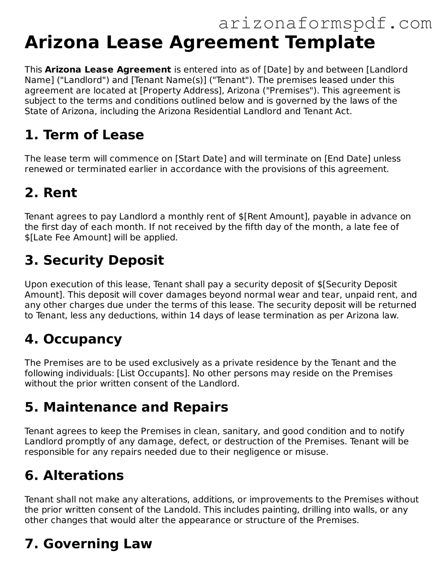 Blank Arizona Lease Agreement Form